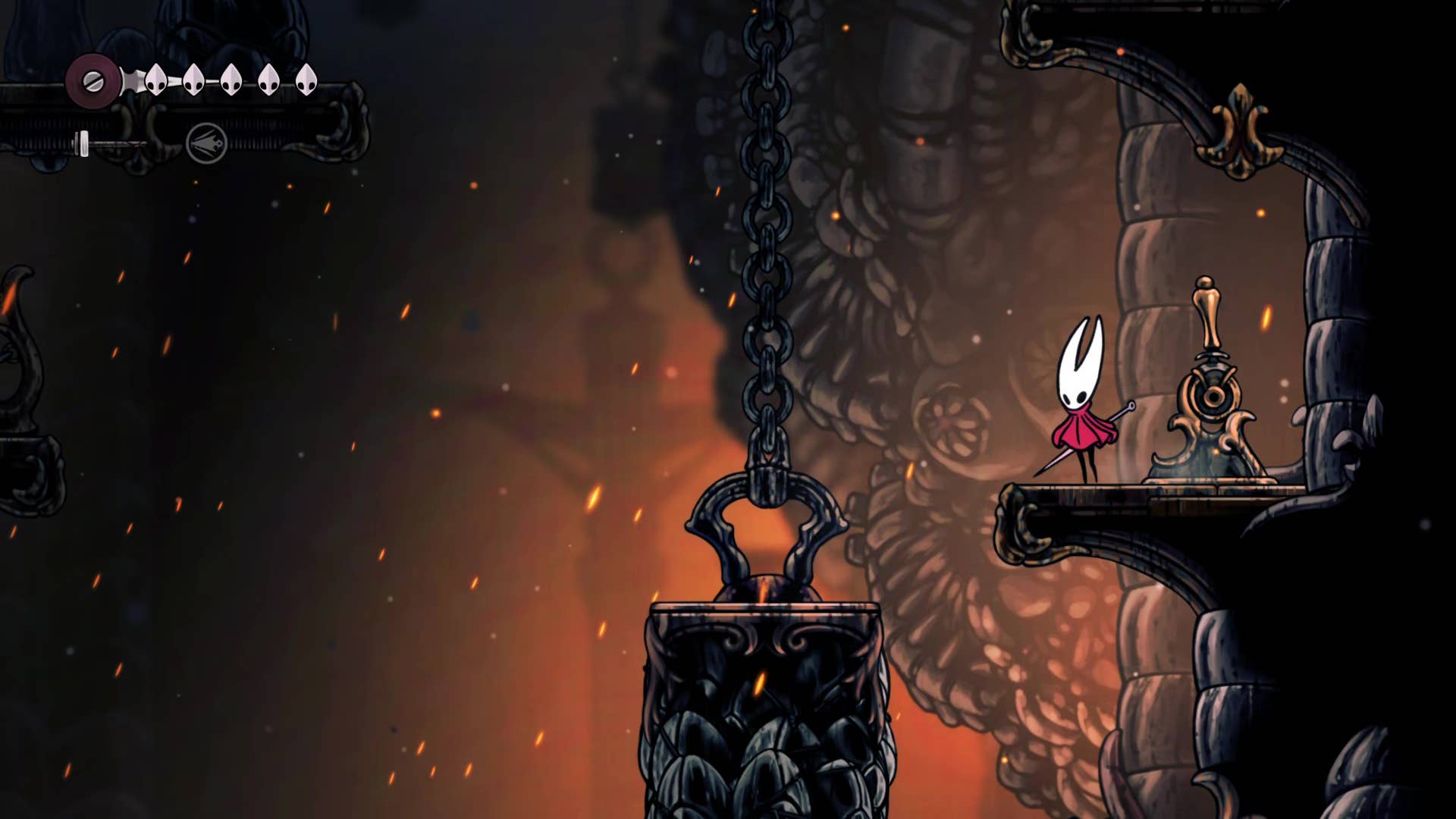 Hollow Knight screenshot: Silksong shows the path through a deep dock.