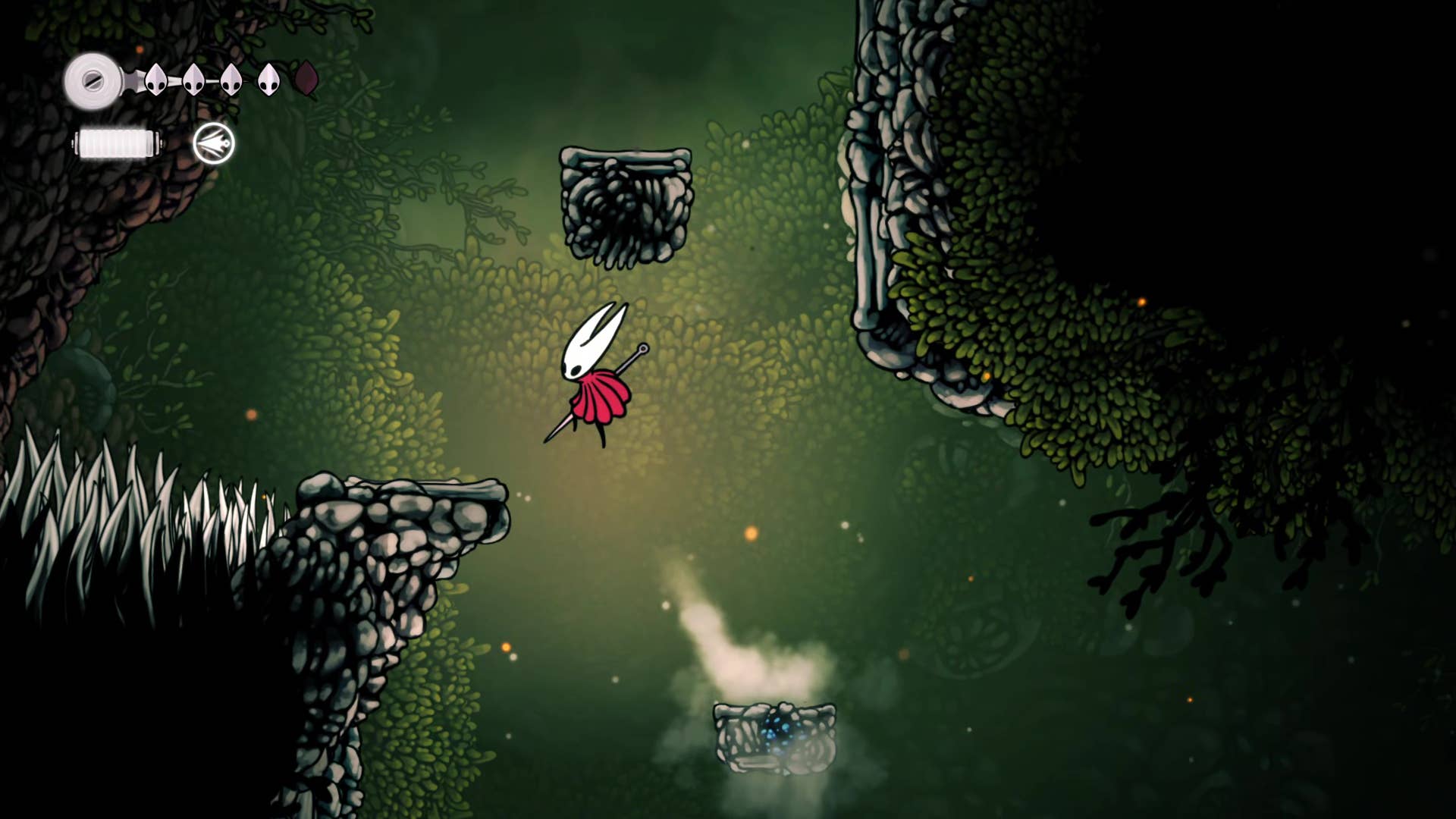 Hollow Knight screenshot: Silksong shows the path through a deep dock.