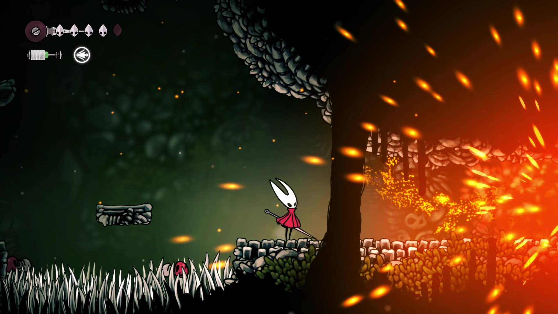 Hollow Knight screenshot: Silksong shows the path through a deep dock.