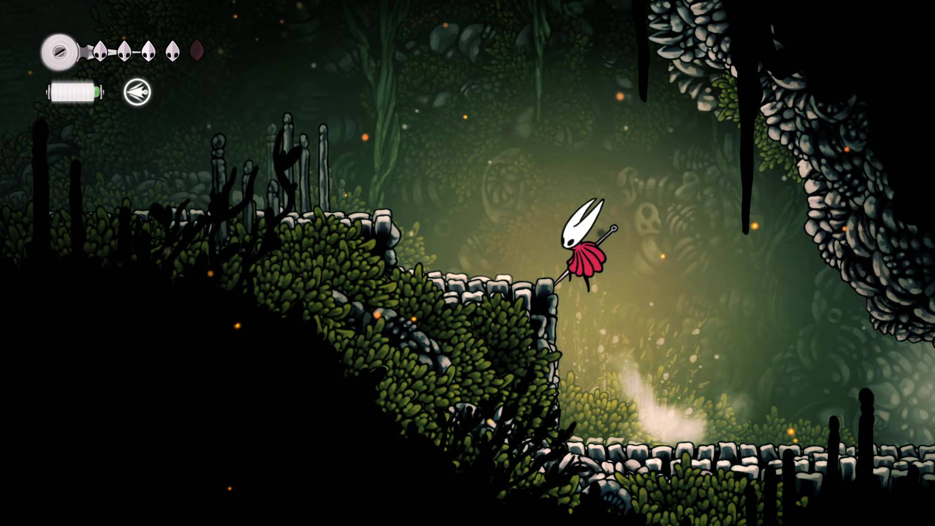 Hollow Knight screenshot: Silksong shows the path through a deep dock.