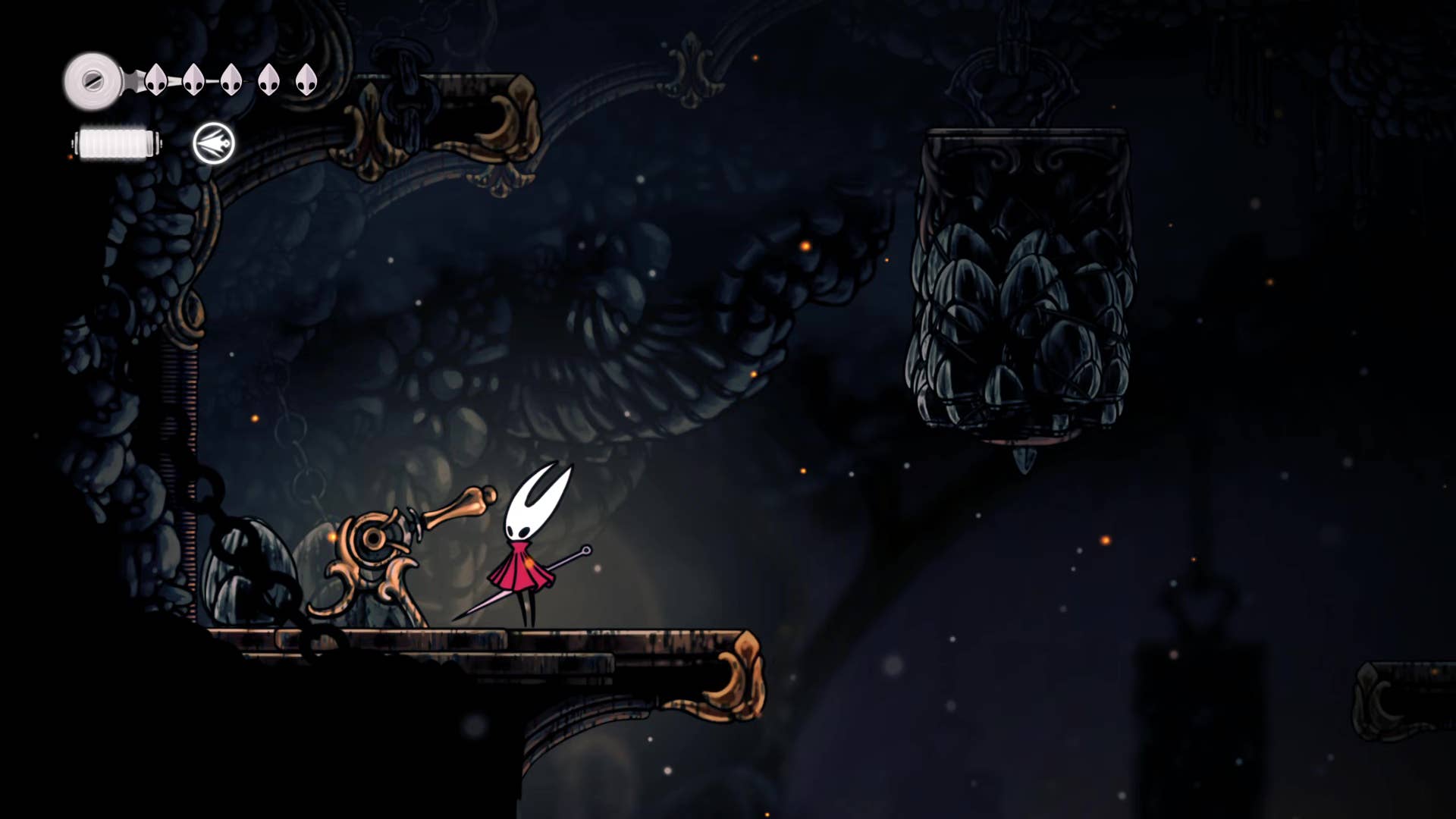 Hollow Knight screenshot: Silksong shows the path through a deep dock.