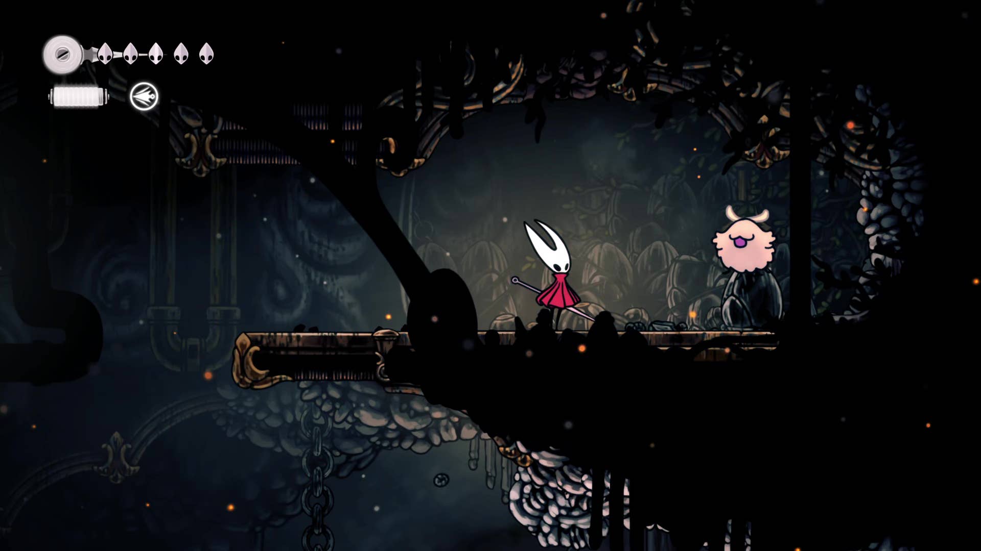 Hollow Knight screenshot: Silksong shows the path through a deep dock.