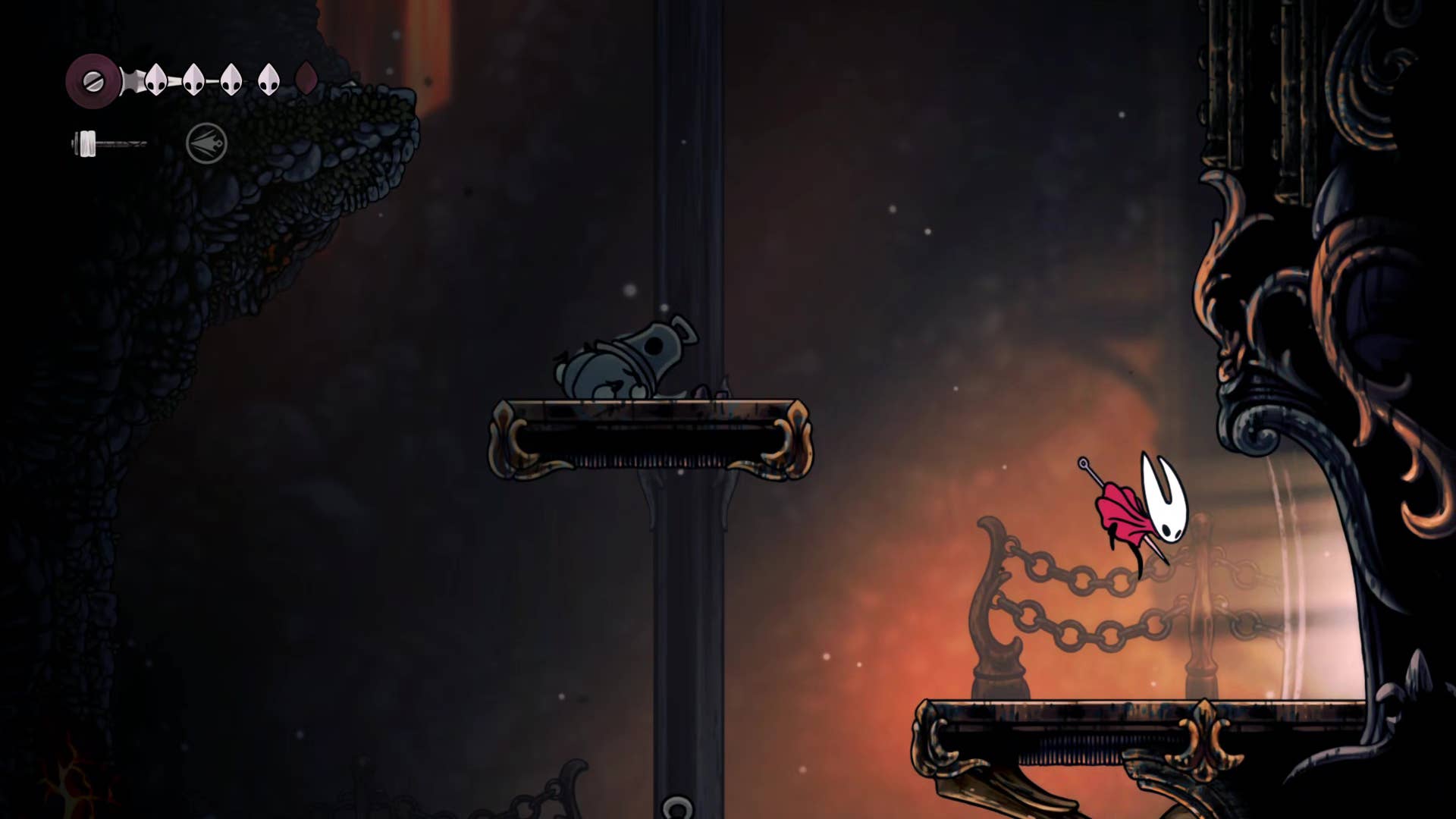 Hollow Knight screenshot: Silksong shows the path through a deep dock.
