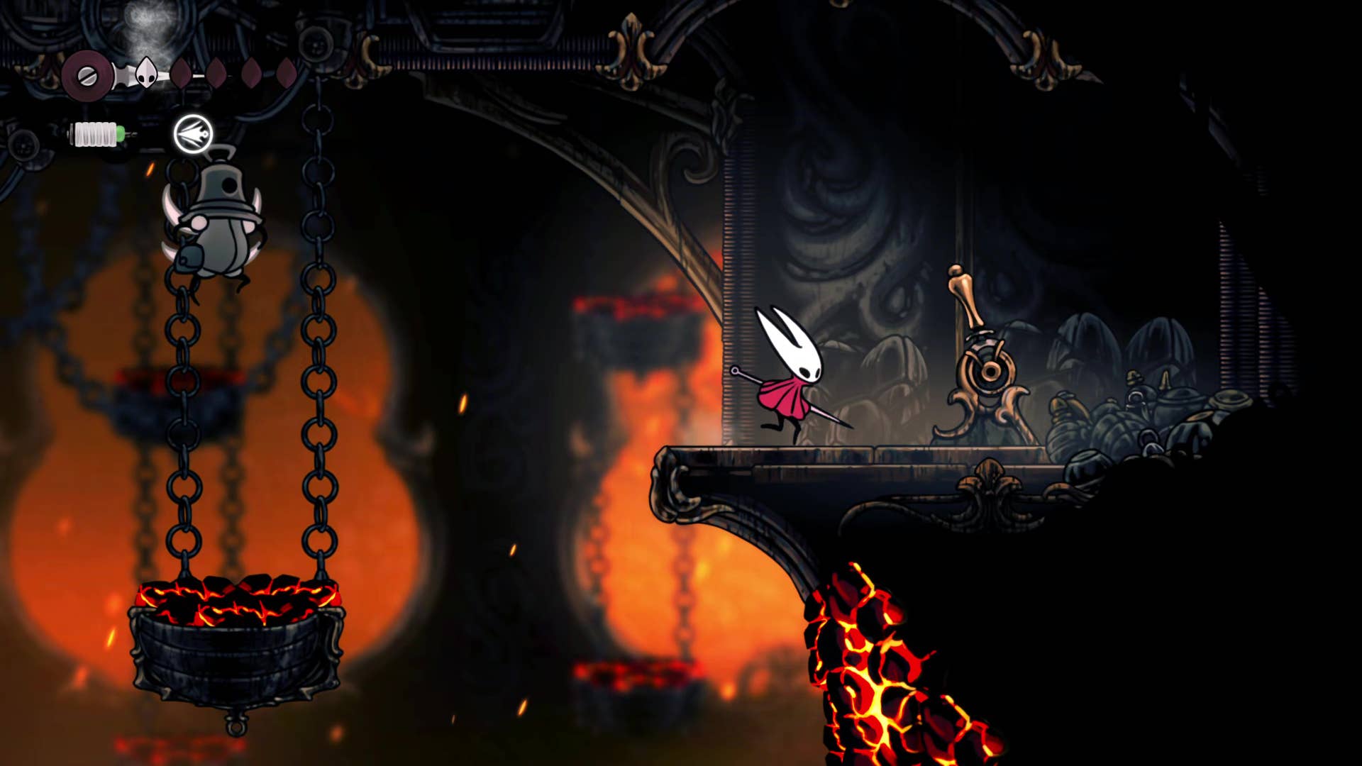 Hollow Knight screenshot: Silksong shows the path through a deep dock.