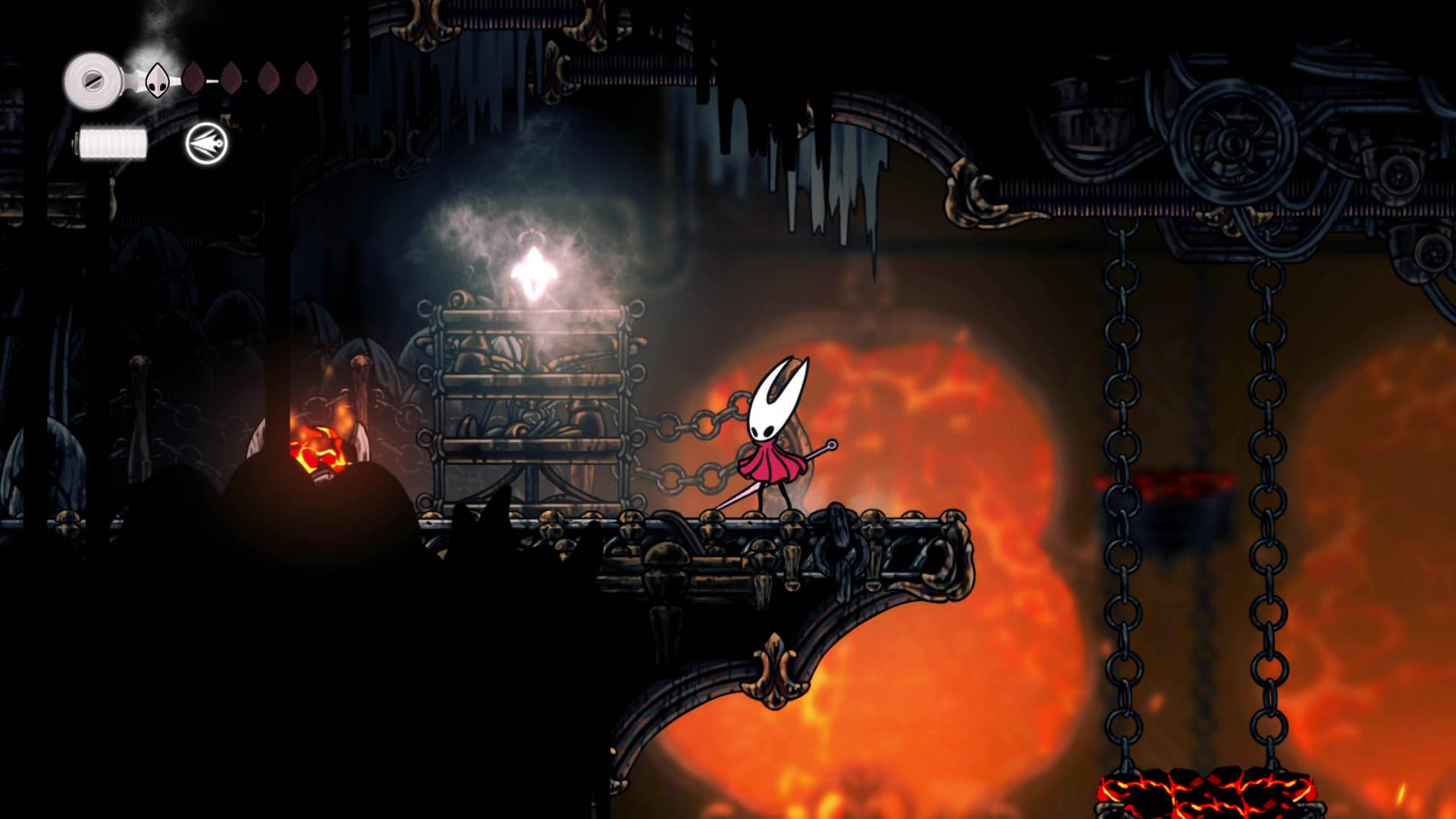 Hollow Knight screenshot: Silksong shows the path through a deep dock.