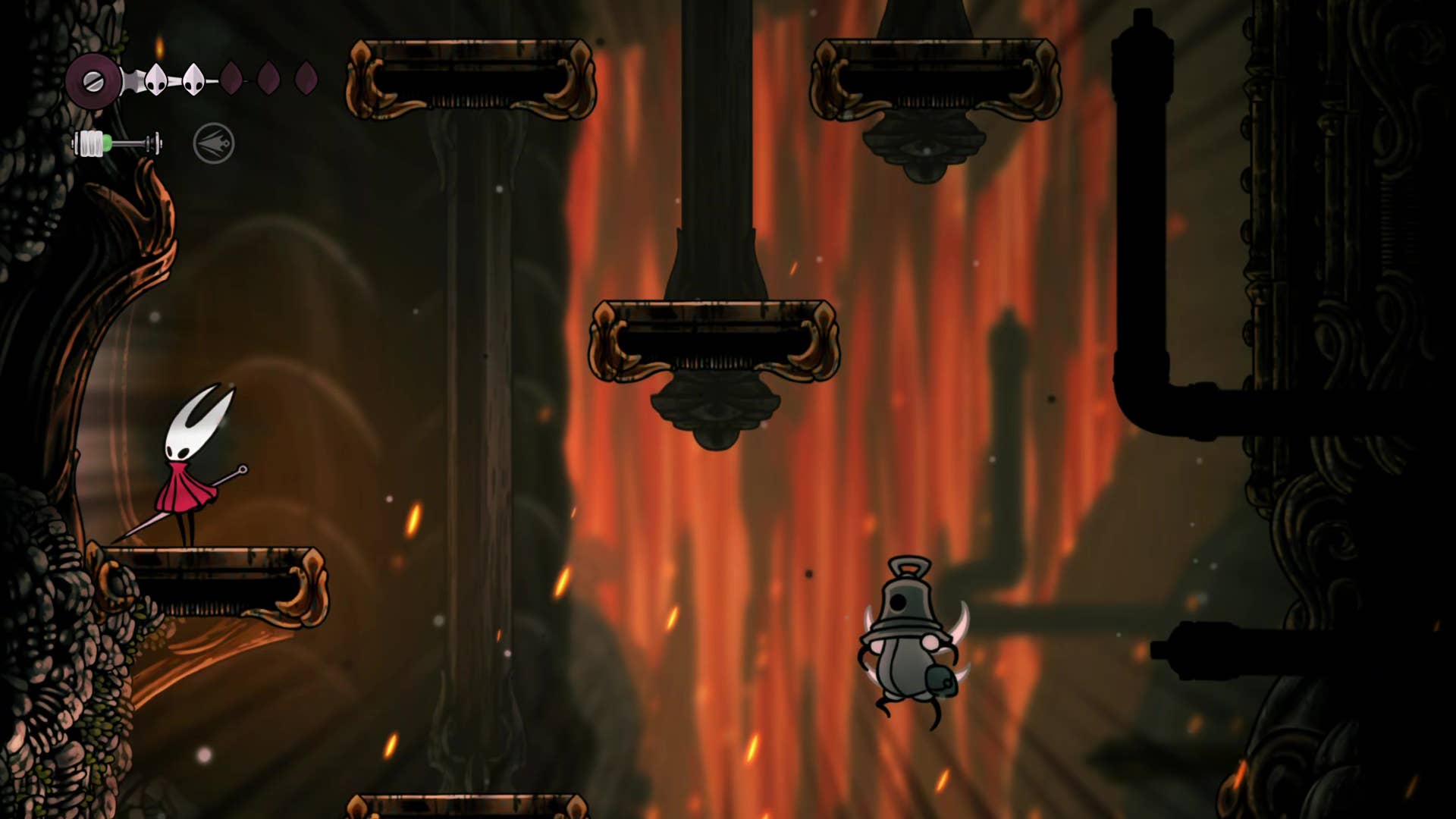 Hollow Knight screenshot: Silksong shows the path through a deep dock.