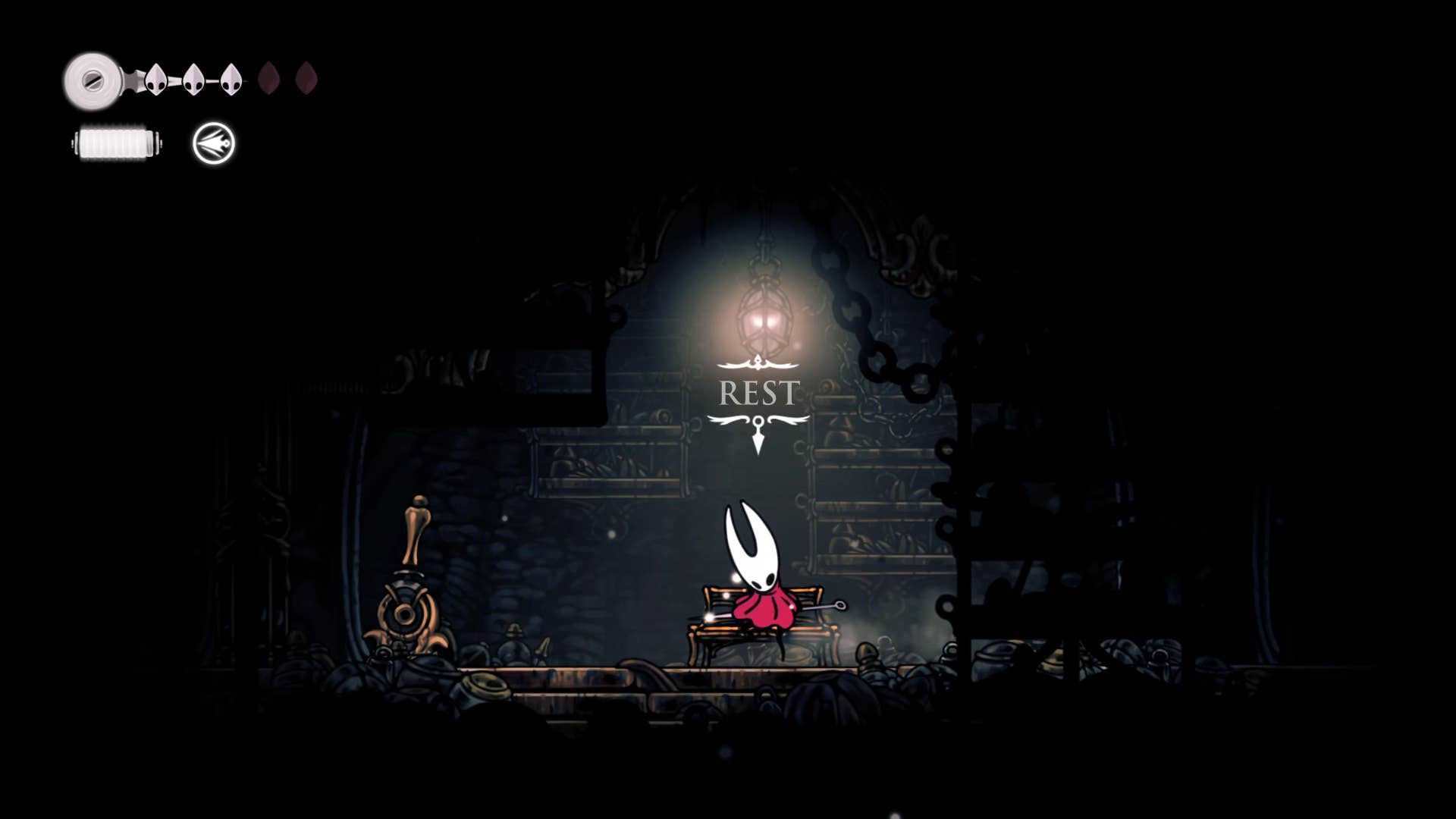 Hollow Knight screenshot: Silksong shows the path through a deep dock.