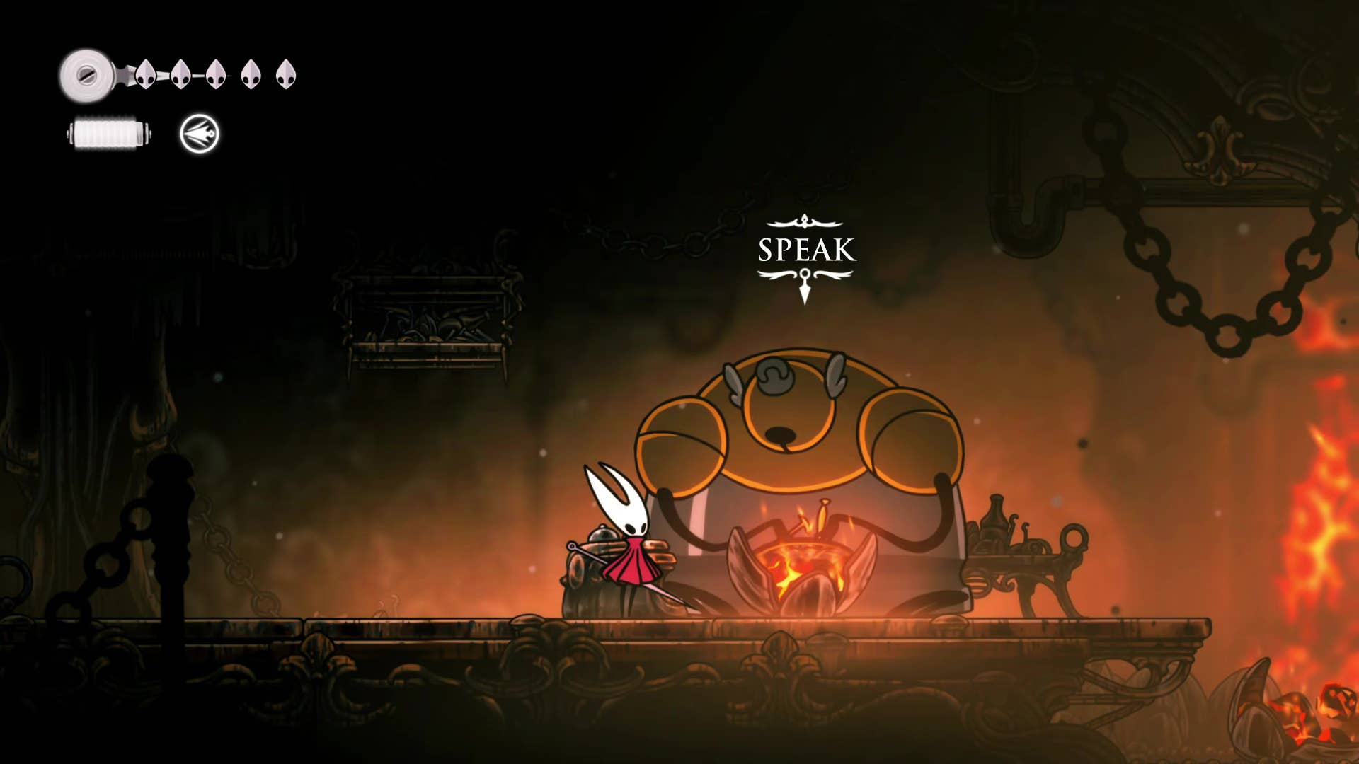 Hollow Knight screenshot: Silksong shows the path through a deep dock.