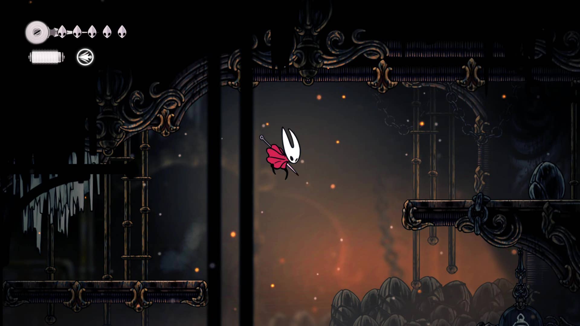Hollow Knight screenshot: Silksong shows the path through a deep dock.
