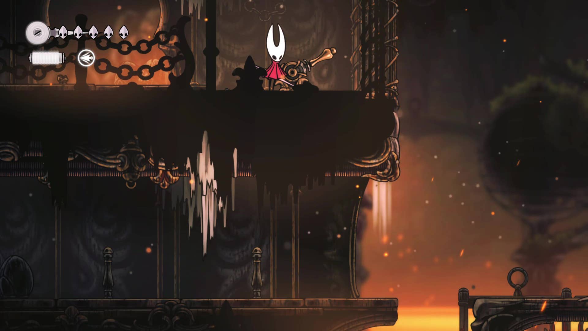 Hollow Knight screenshot: Silksong shows the path through a deep dock.