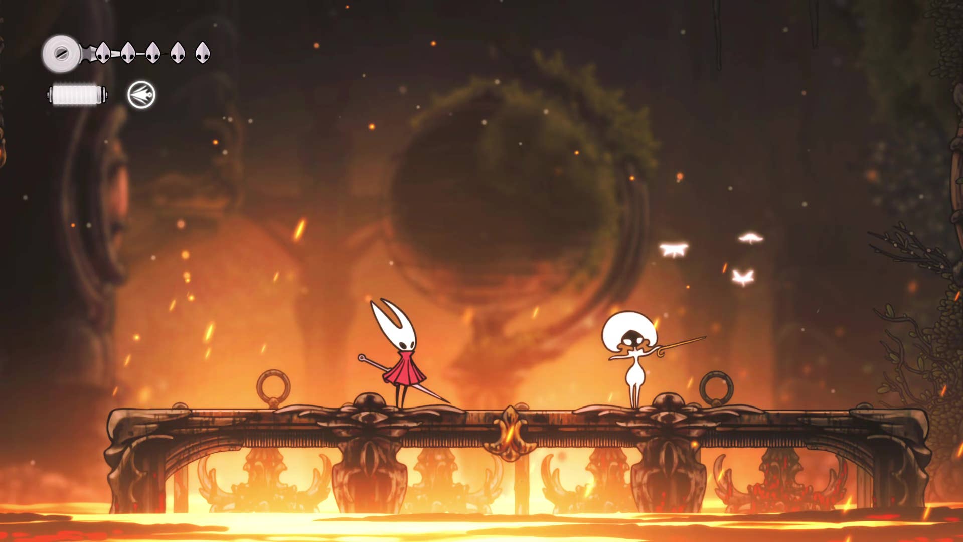 Hollow Knight screenshot: Silksong shows the path through a deep dock.