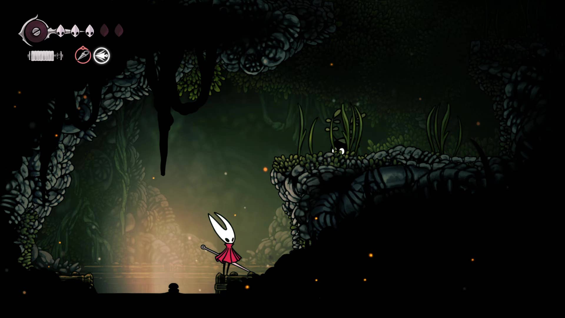 Screenshot of Hollow Knight: Silksong shows the path through the far field.