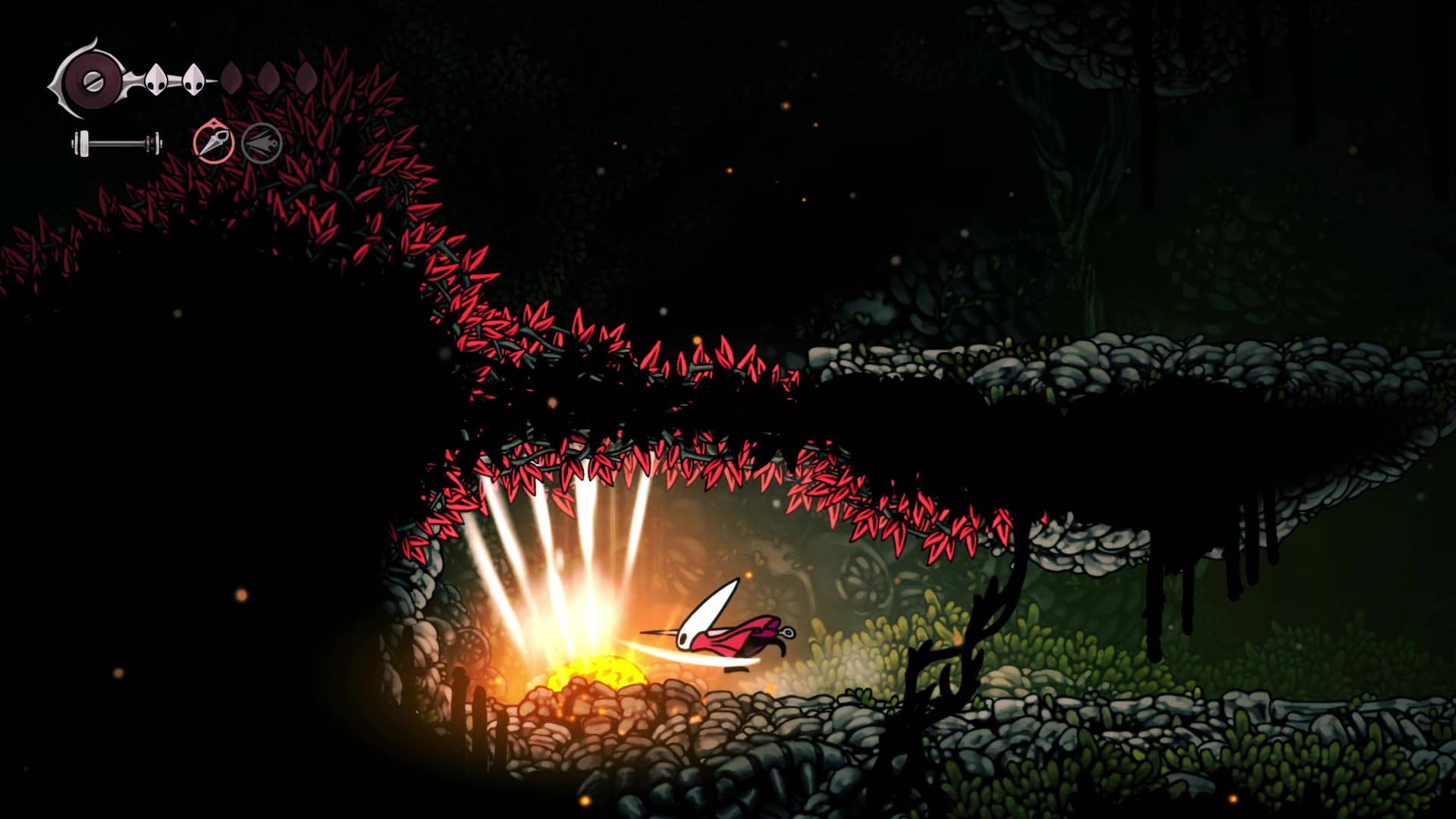 Screenshot of Hollow Knight: Silksong shows the path through the far field.