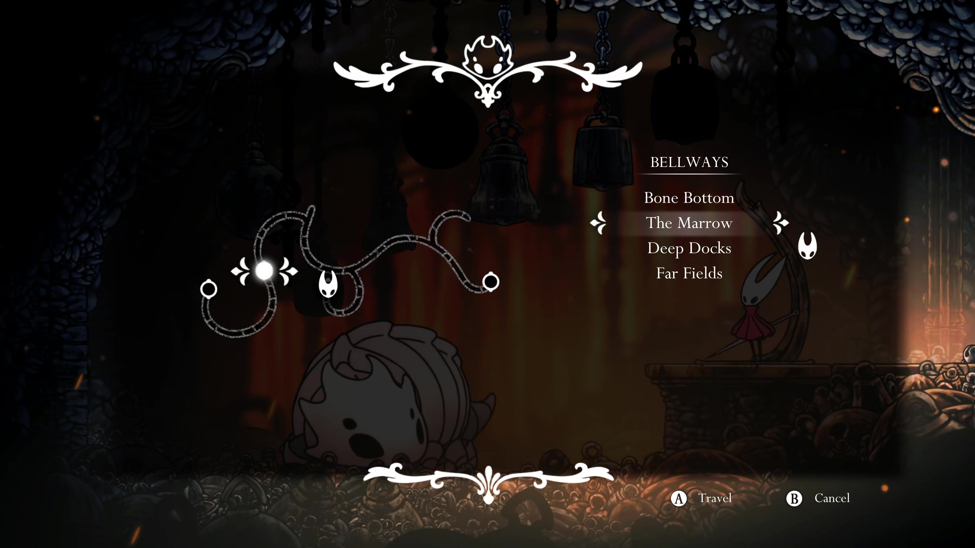 A screenshot of Hollow Knight: Silksong showing the path through Hunter's March. - 4