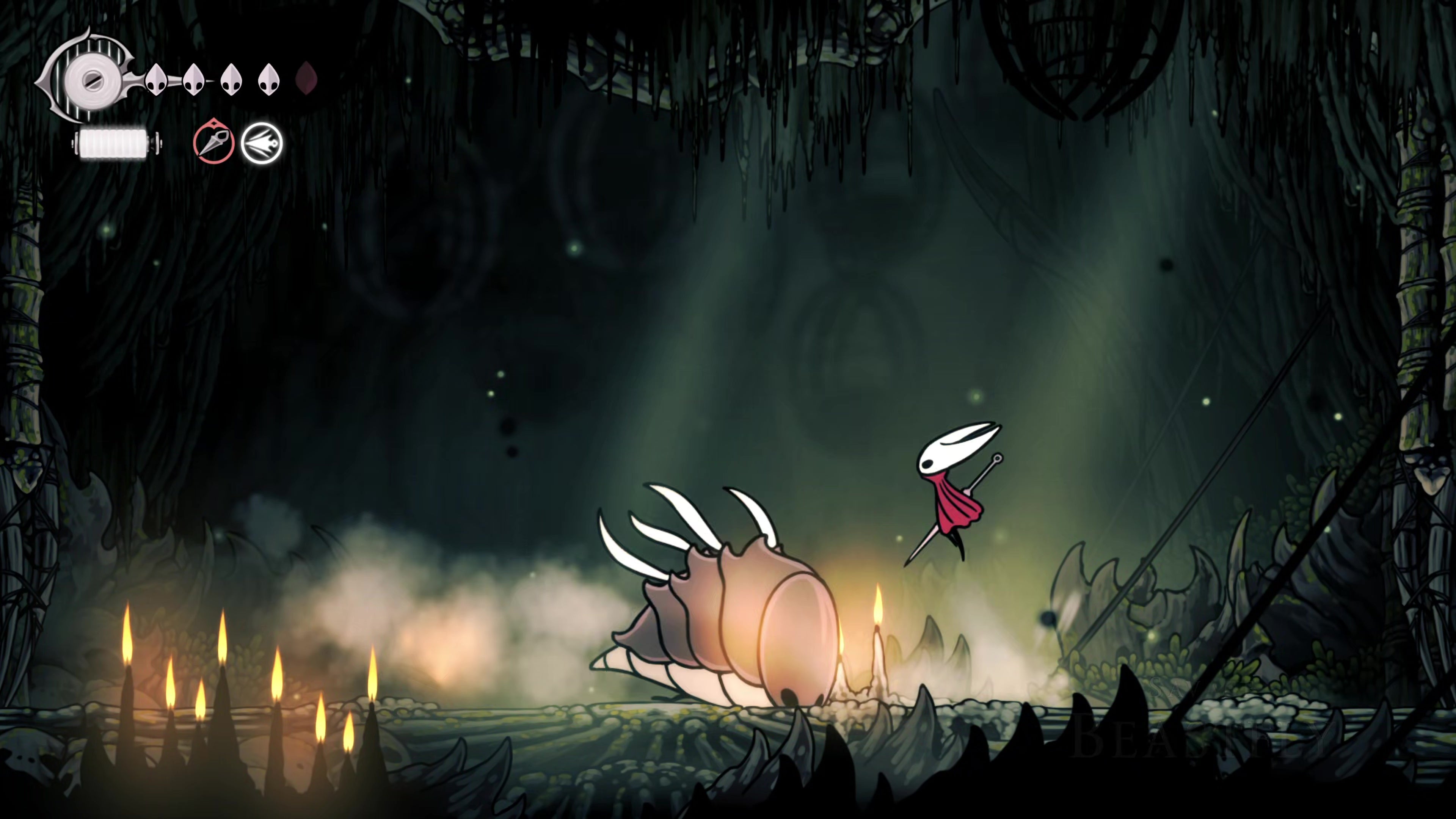 A screenshot of Hollow Knight: Silksong showing the path through Hunter's March. - 33