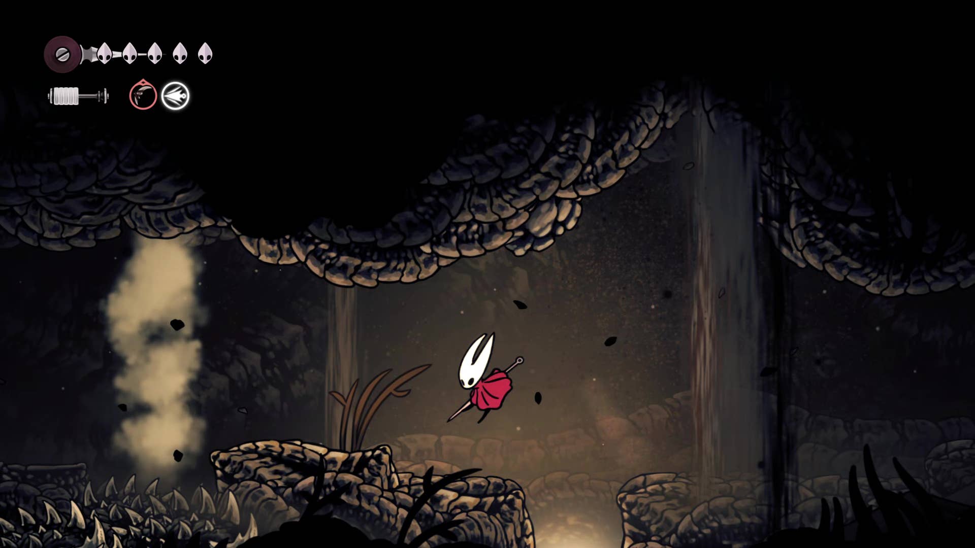 A screenshot of Hollow Knight: Silksong showing the path through the Wormways.