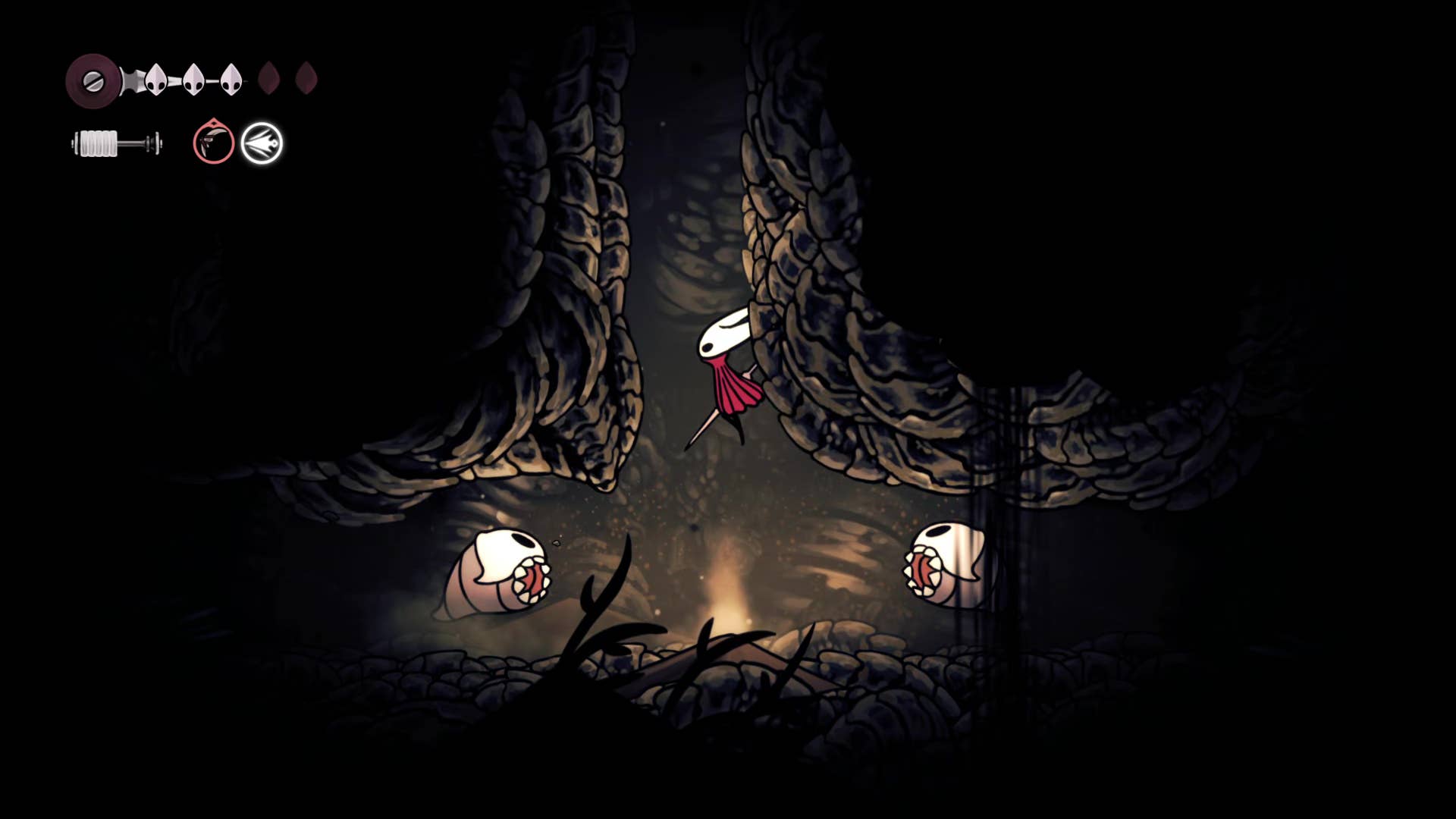 A screenshot of Hollow Knight: Silksong showing the path through the Wormways.