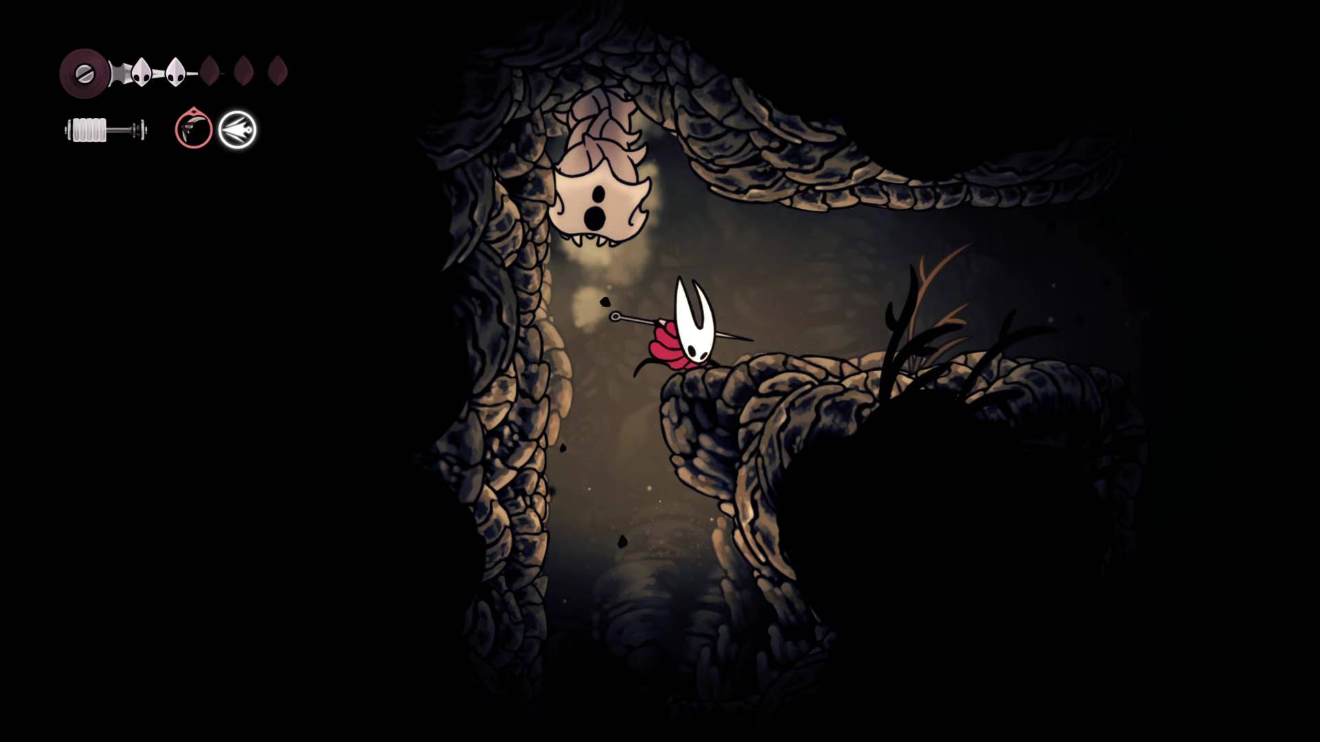 A screenshot of Hollow Knight: Silksong showing the path through the Wormways.