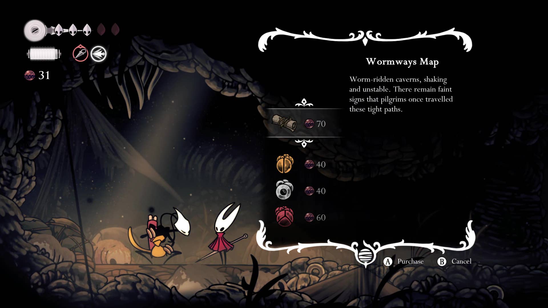 A screenshot of Hollow Knight: Silksong showing the path through the Wormways.