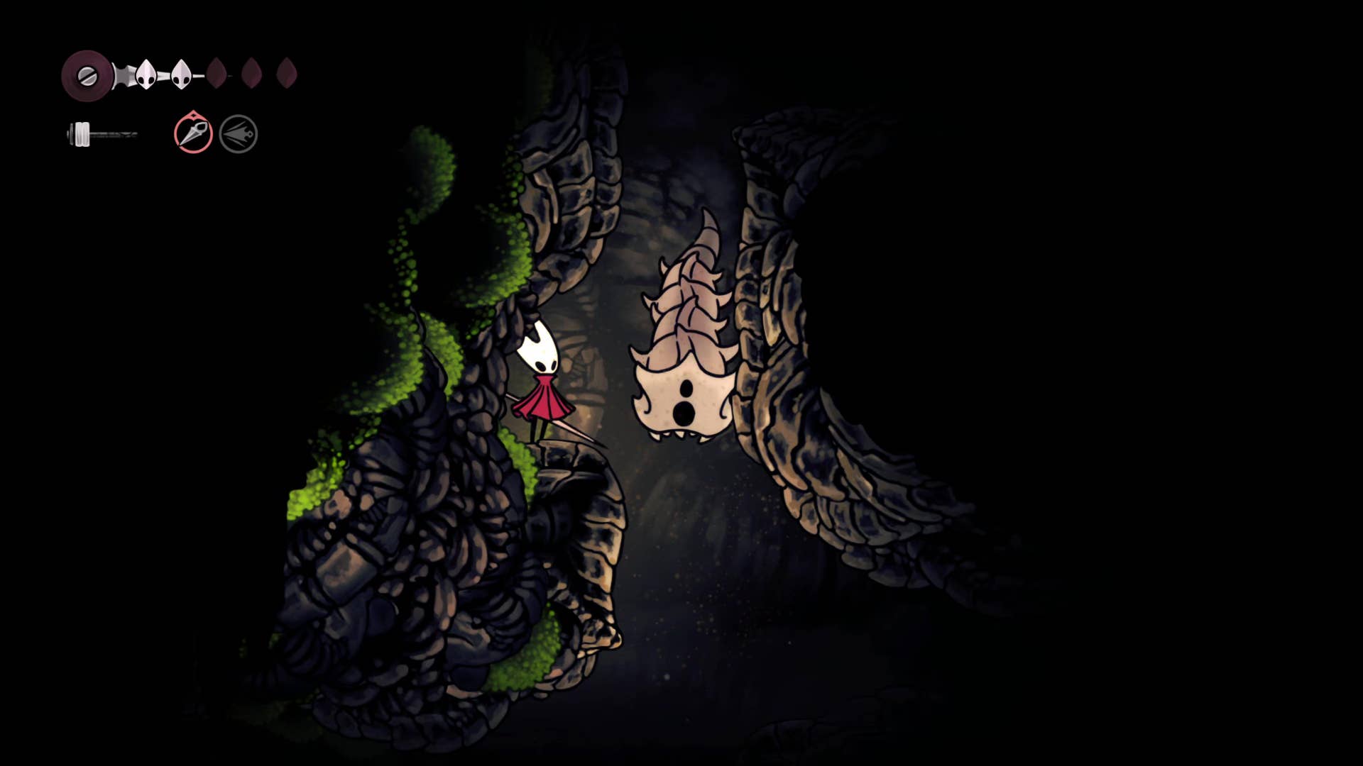 A screenshot of Hollow Knight: Silksong showing the path through the Wormways.