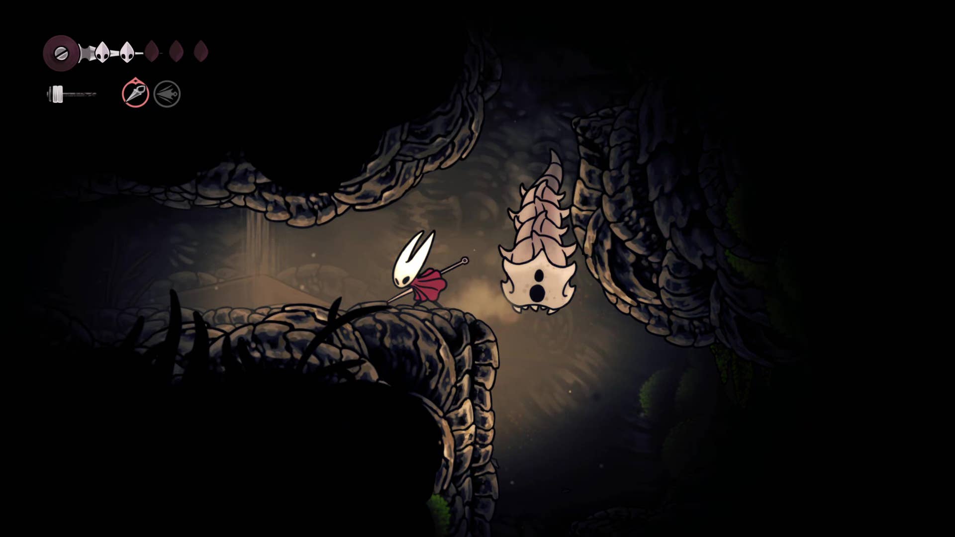 A screenshot of Hollow Knight: Silksong showing the path through the Wormways.