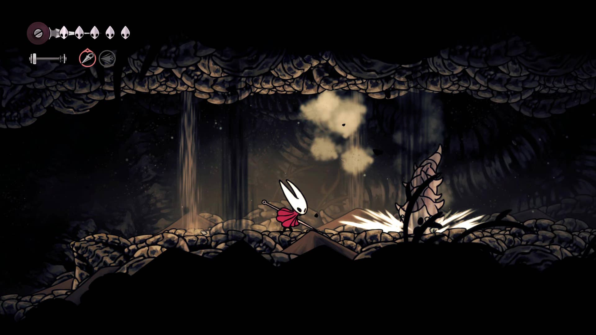 A screenshot of Hollow Knight: Silksong showing the path through the Wormways.