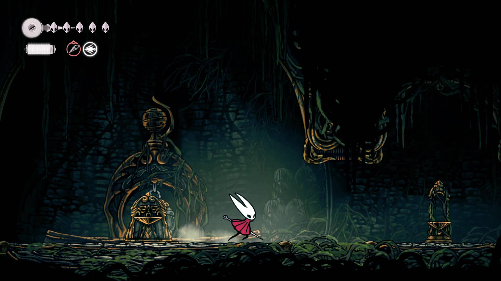 A screenshot of Hollow Knight: Silksong showing the path through the Wormways.