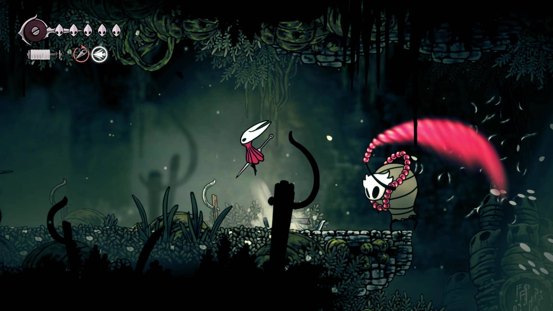 Screenshot of Hollow Knight: Silkson showing a pass through Shellwood.