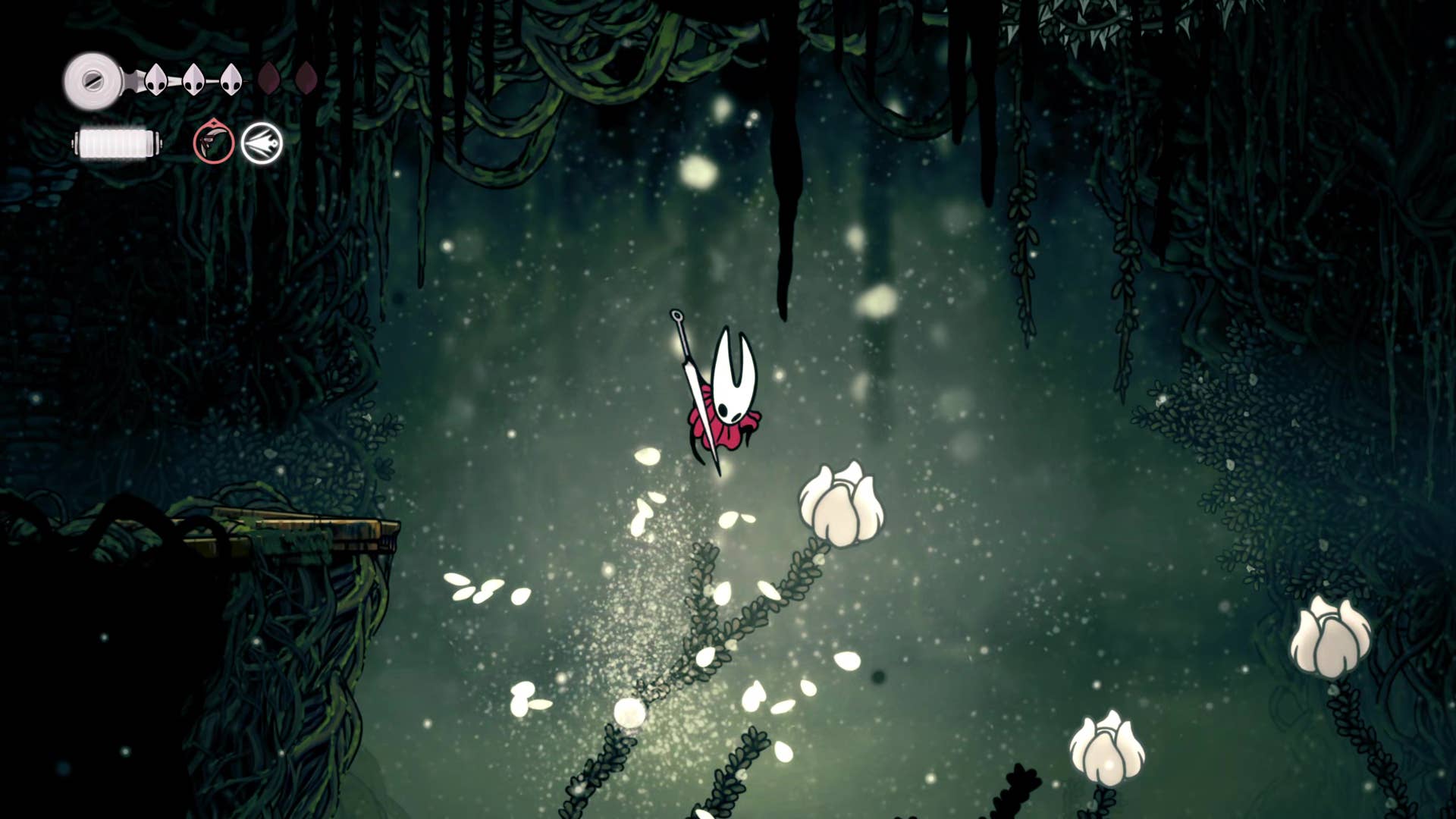 Screenshot of Hollow Knight: Silkson showing a pass through Shellwood.