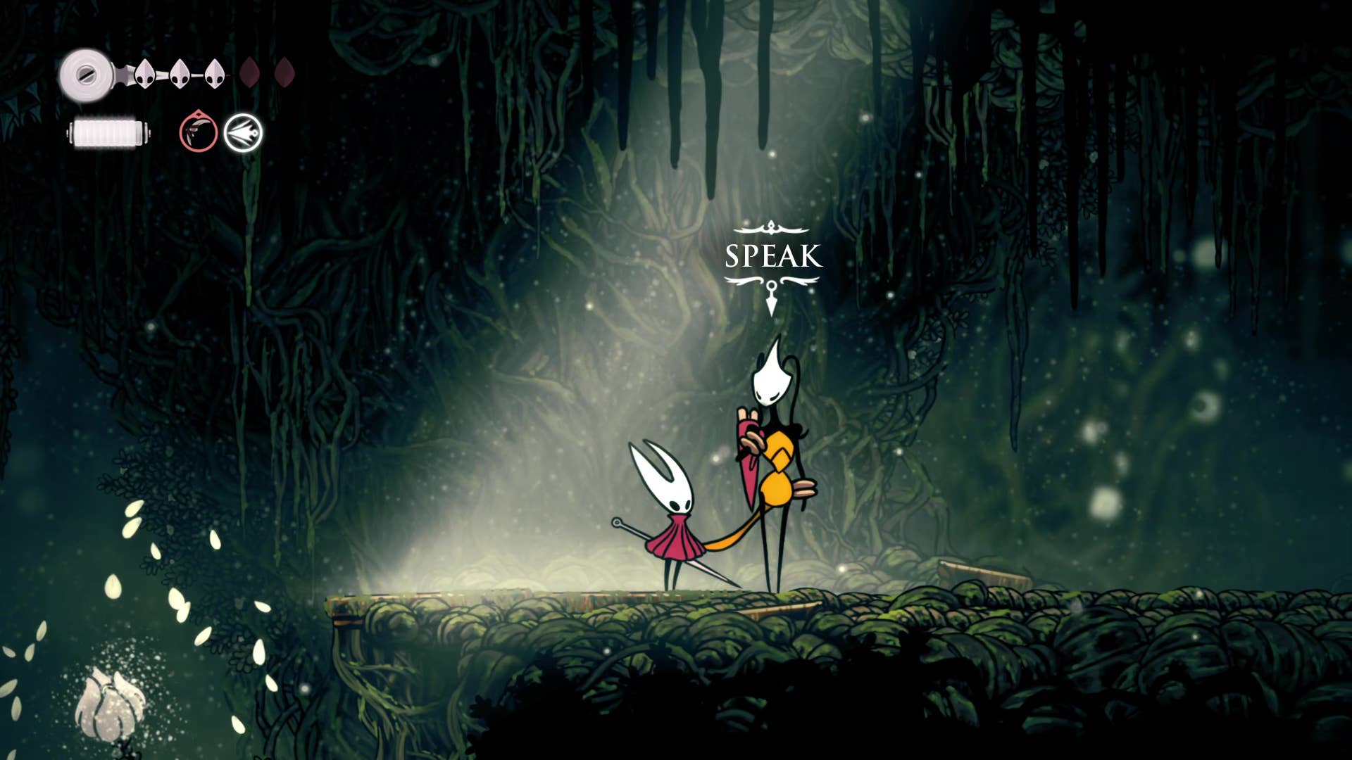 Screenshot of Hollow Knight: Silkson showing a pass through Shellwood.