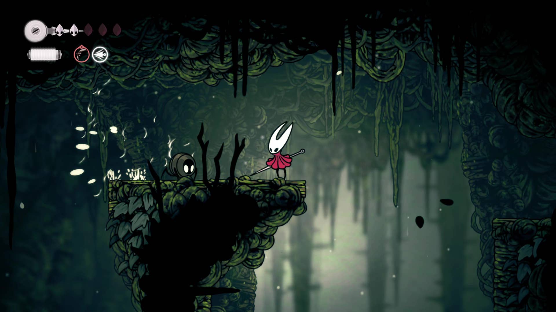 Screenshot of Hollow Knight: Silkson showing a pass through Shellwood.