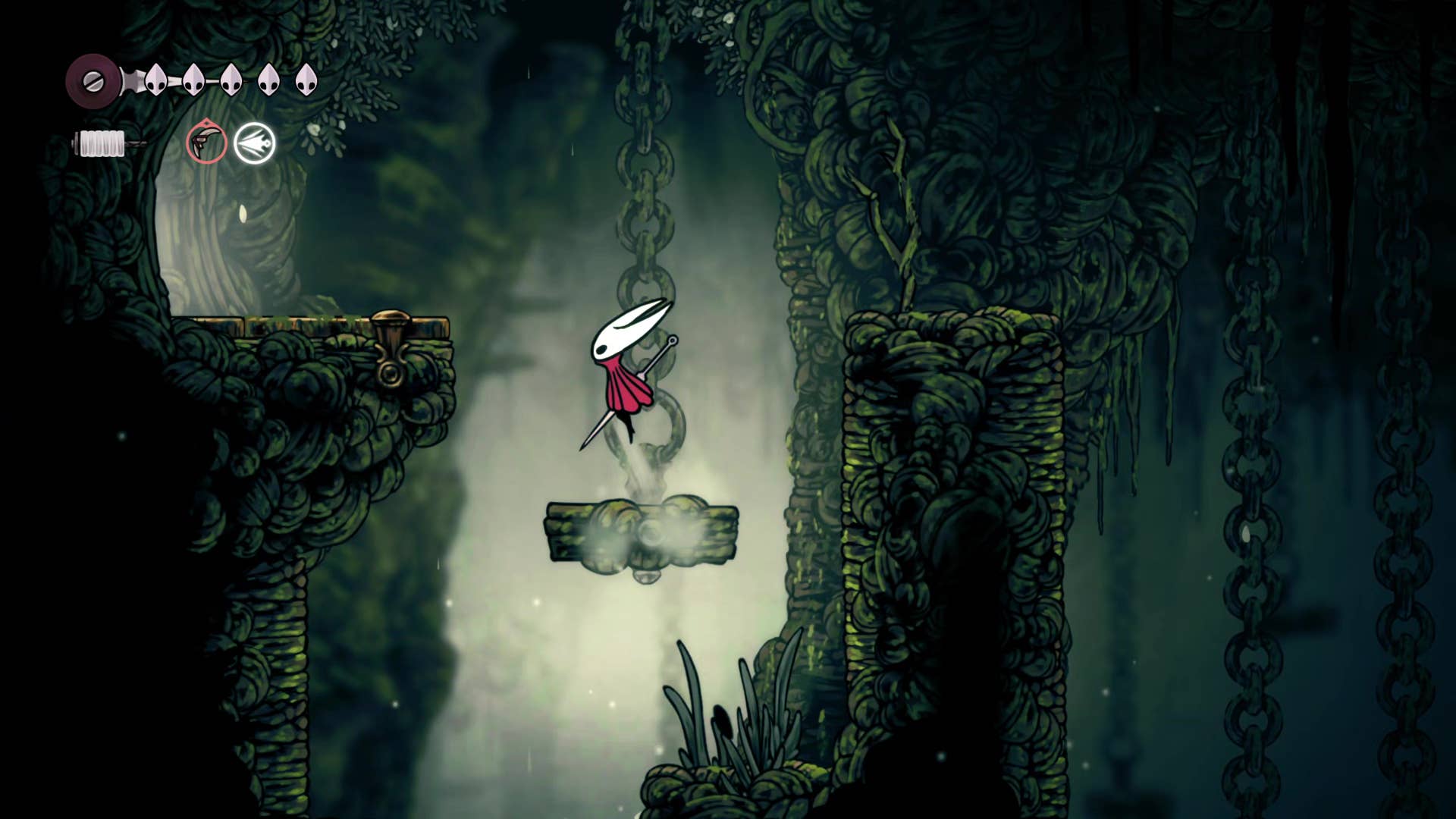 Screenshot of Hollow Knight: Silkson showing a pass through Shellwood.