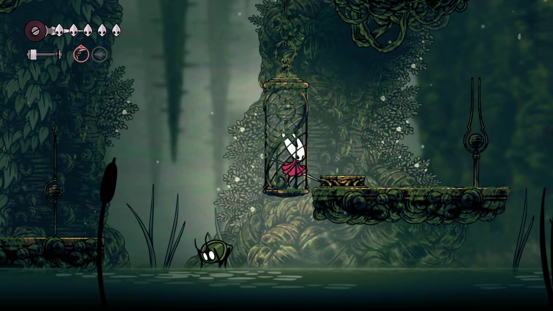 Screenshot of Hollow Knight: Silkson showing a pass through Shellwood.