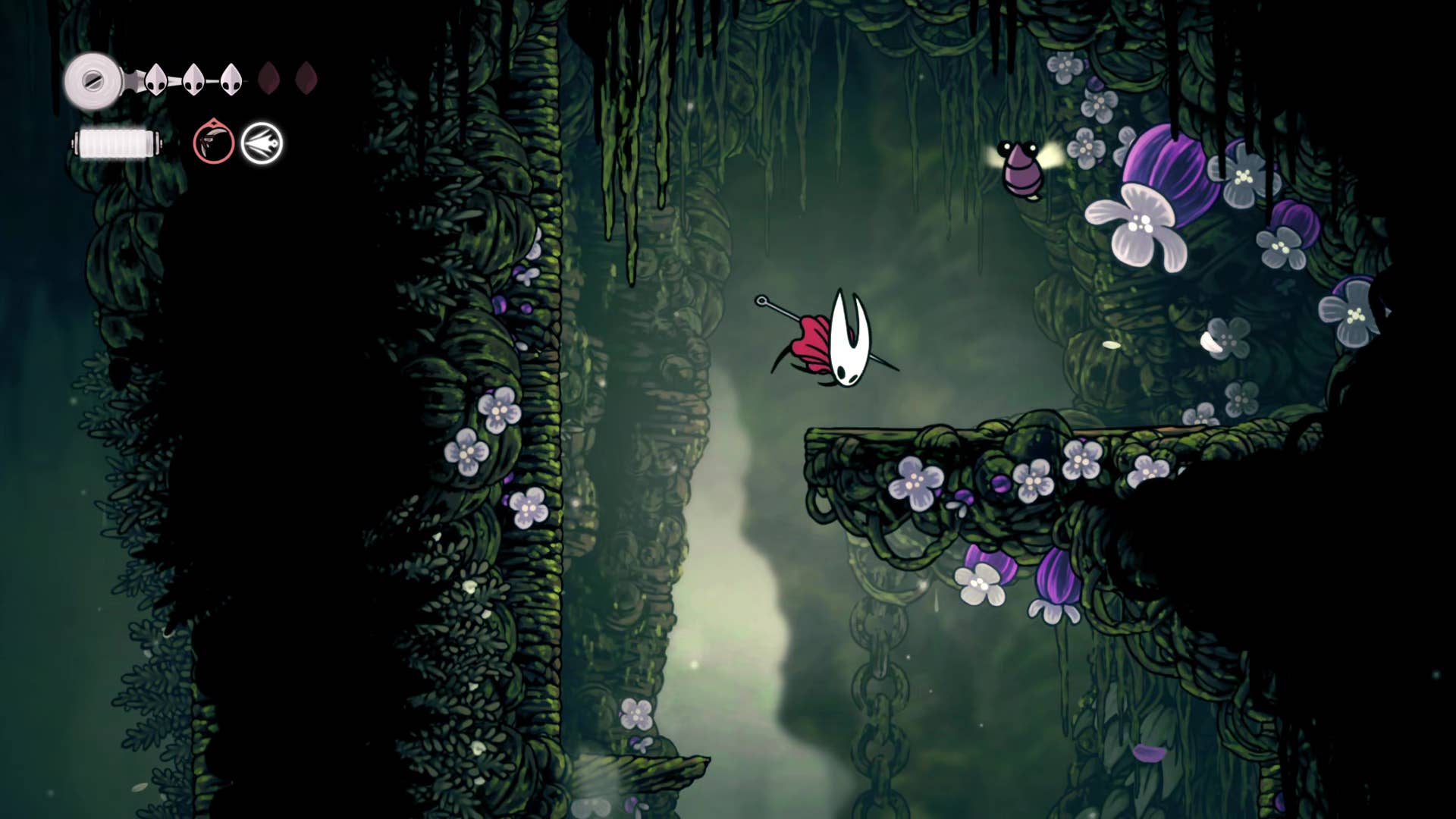 Screenshot of Hollow Knight: Silkson showing a pass through Shellwood.