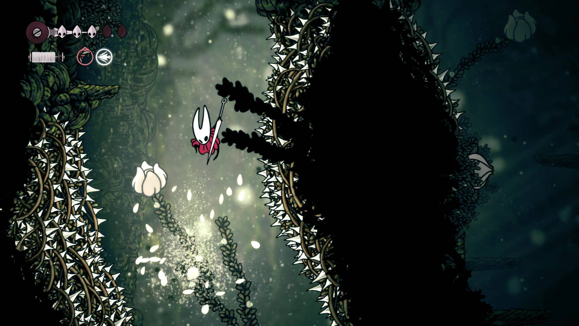 Screenshot of Hollow Knight: Silkson showing a pass through Shellwood.