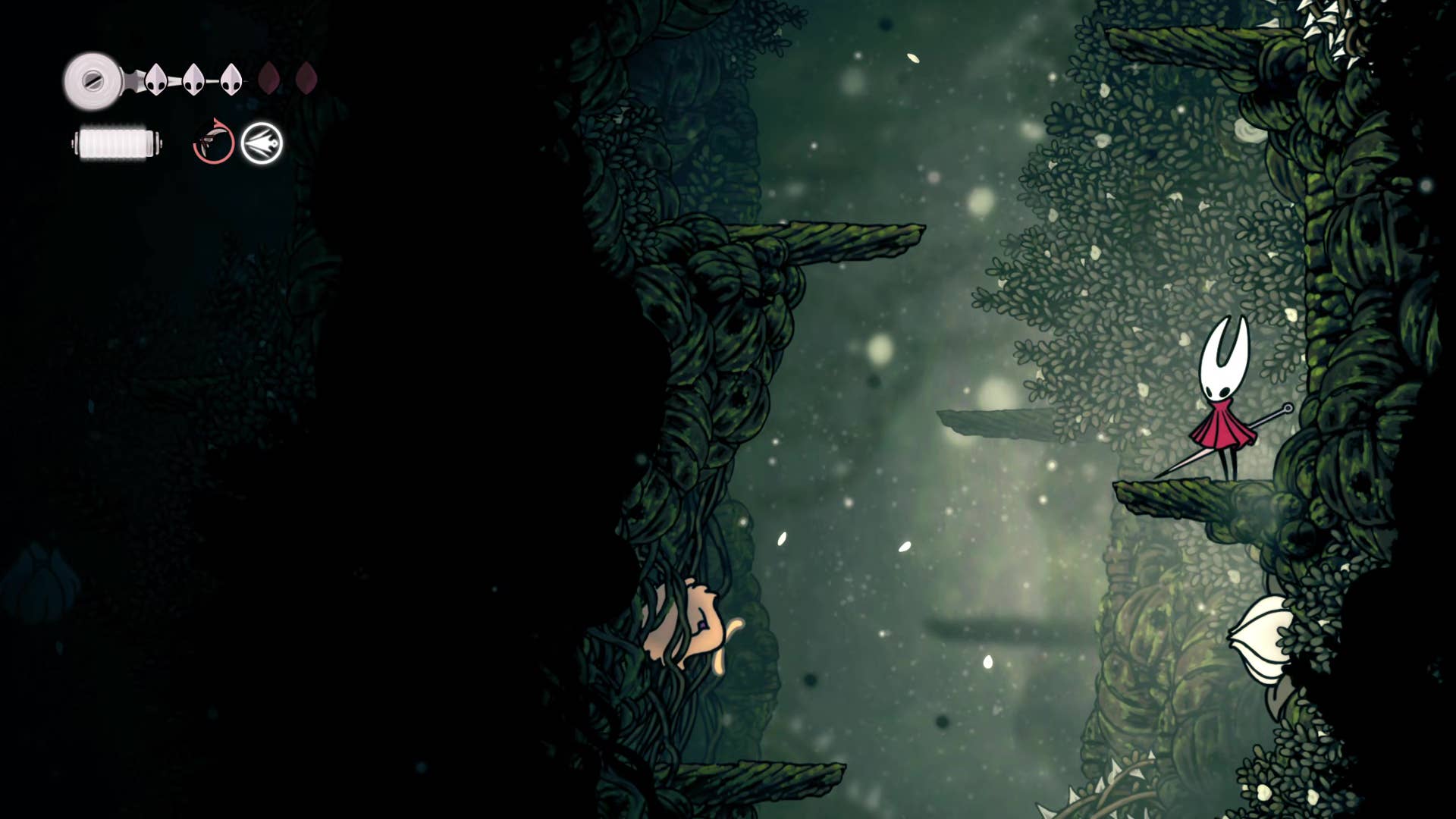 Screenshot of Hollow Knight: Silkson showing a pass through Shellwood.