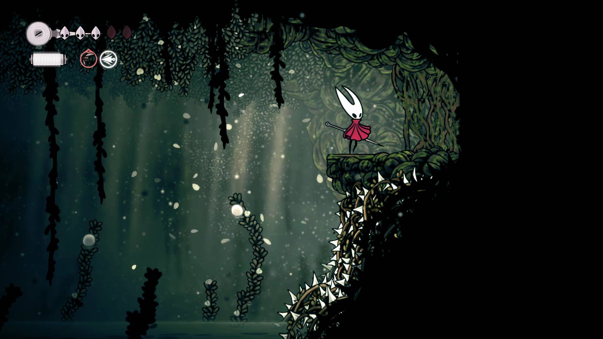Screenshot of Hollow Knight: Silkson showing a pass through Shellwood.