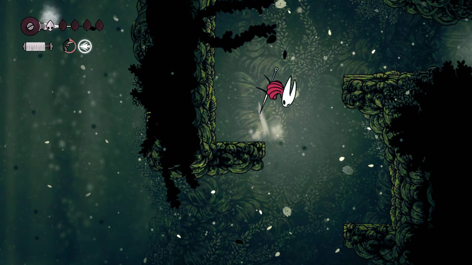 Screenshot of Hollow Knight: Silkson showing a pass through Shellwood.