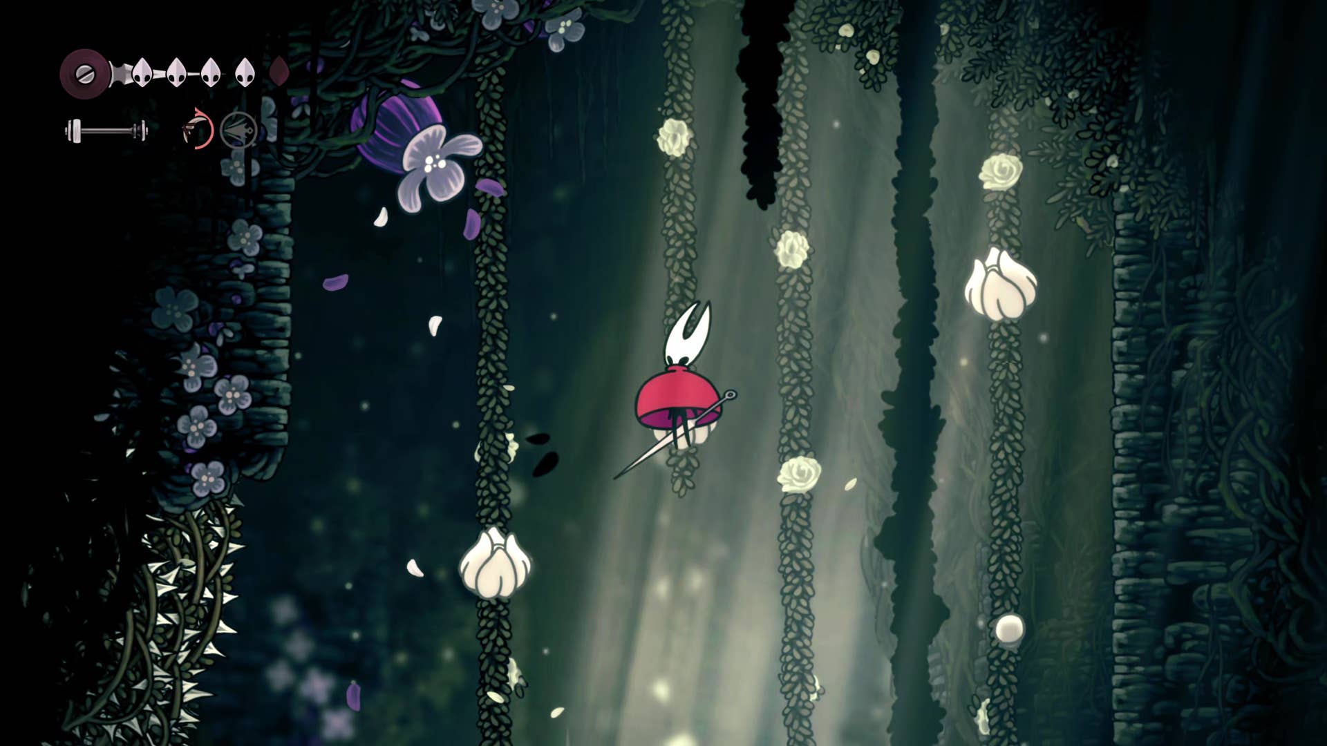 Screenshot of Hollow Knight: Silkson showing a pass through Shellwood.