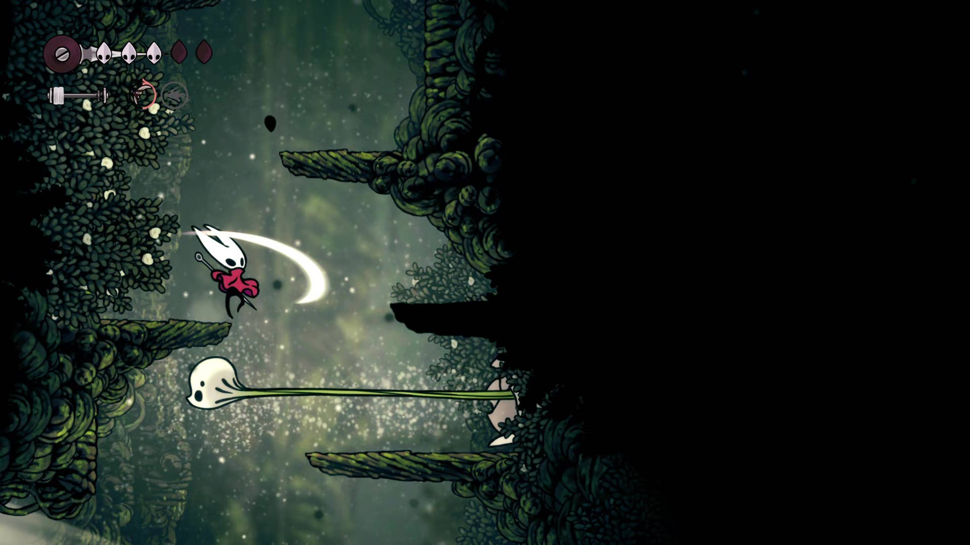 Screenshot of Hollow Knight: Silkson showing a pass through Shellwood.