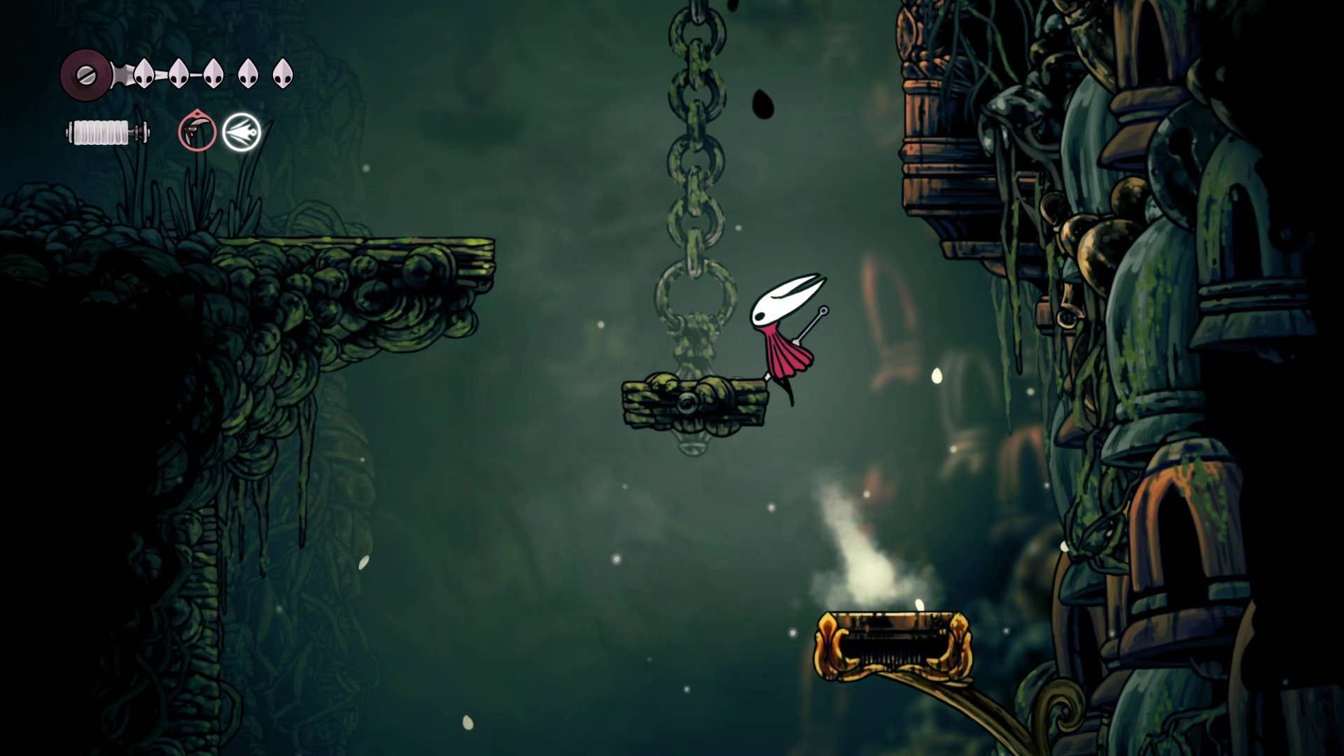 Screenshot of Hollow Knight: Silkson showing a pass through Shellwood.