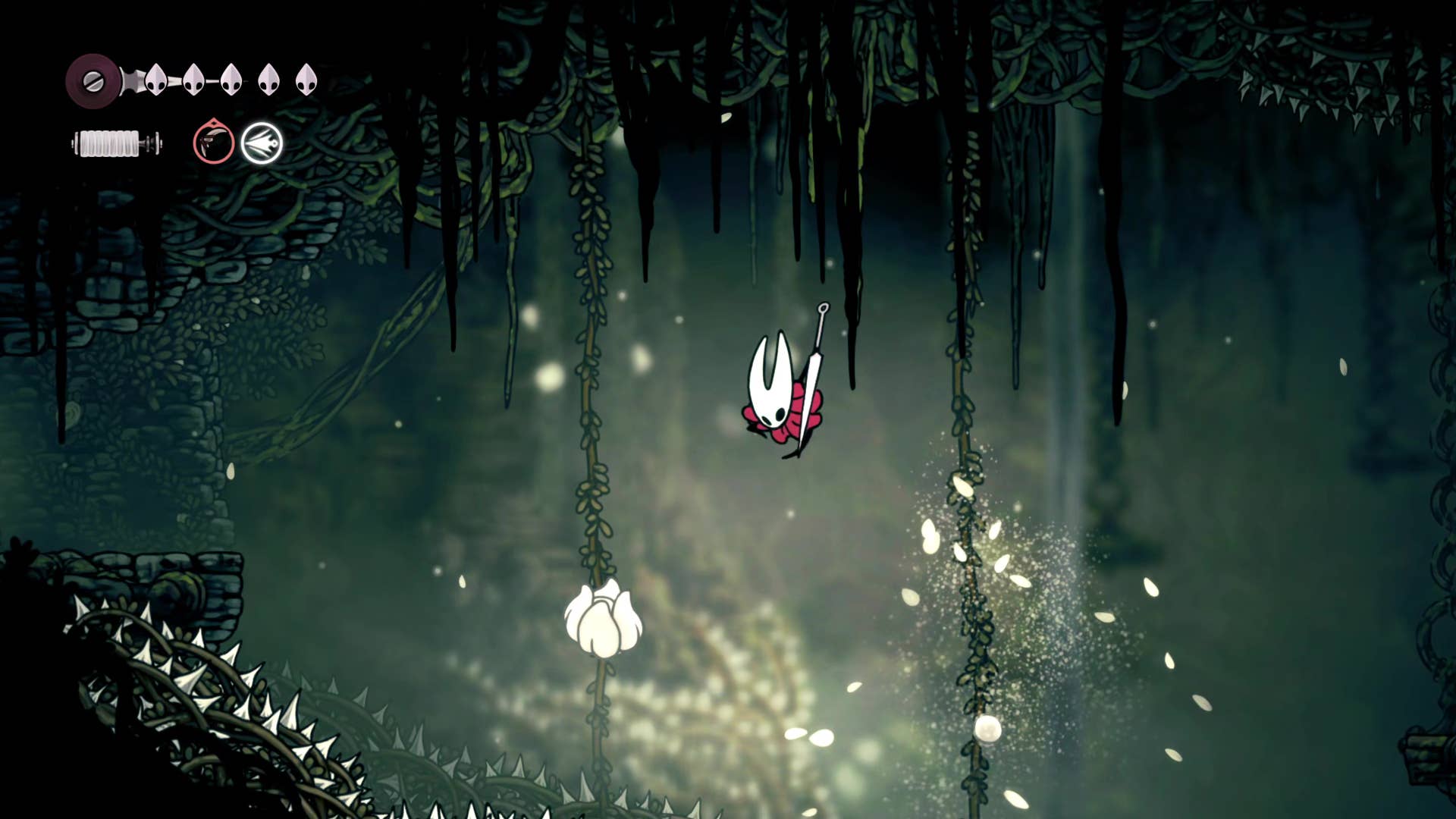 Screenshot of Hollow Knight: Silkson showing a pass through Shellwood.
