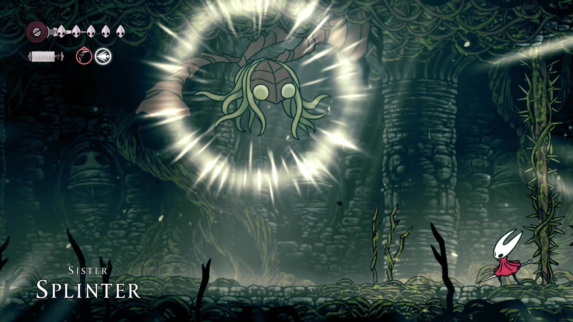 Screenshot of Hollow Knight: Silkson showing a pass through Shellwood.