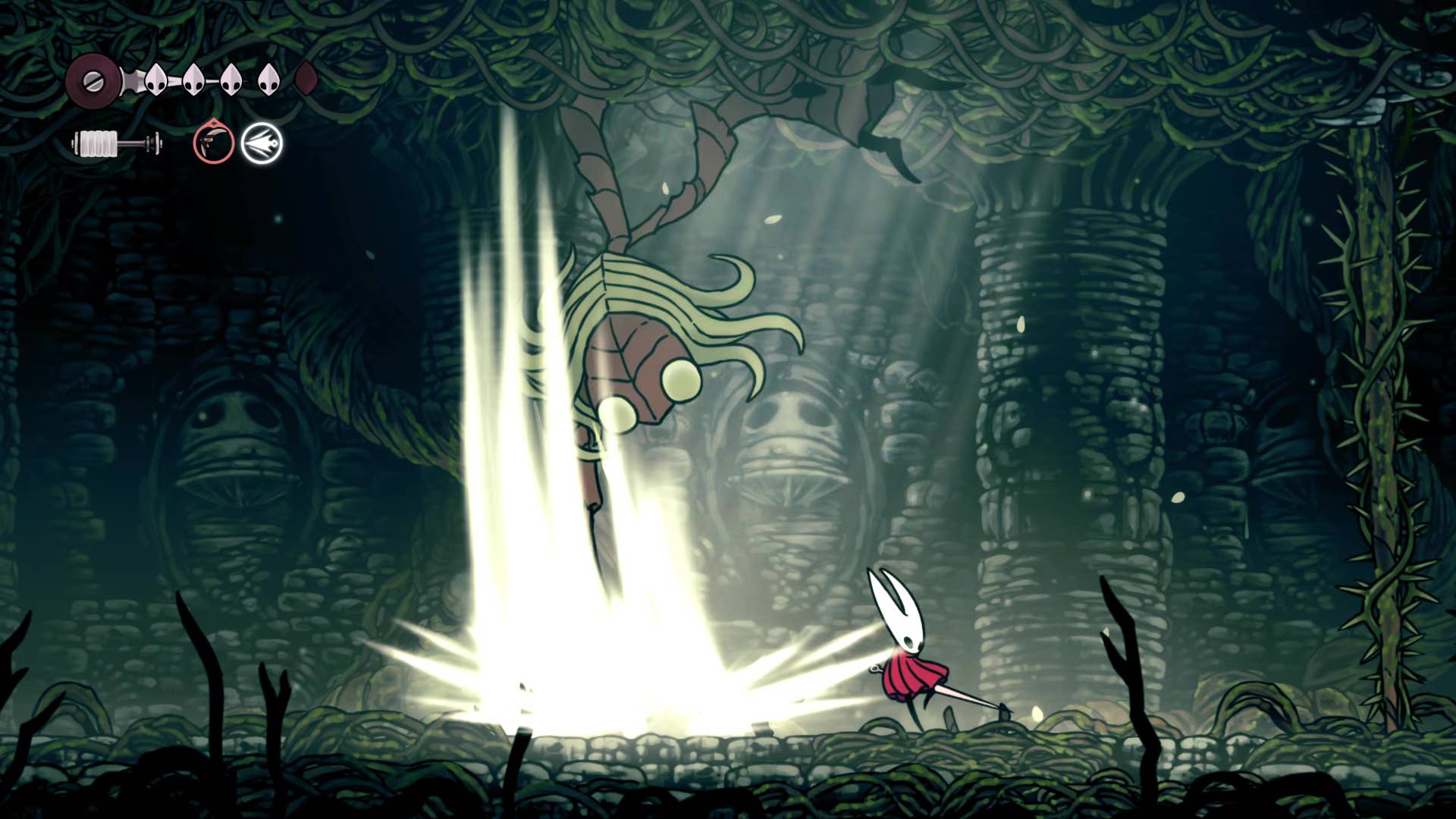 The Hornet dodges an attack from Hollow Knight: Silkson's sister Sprinter.
