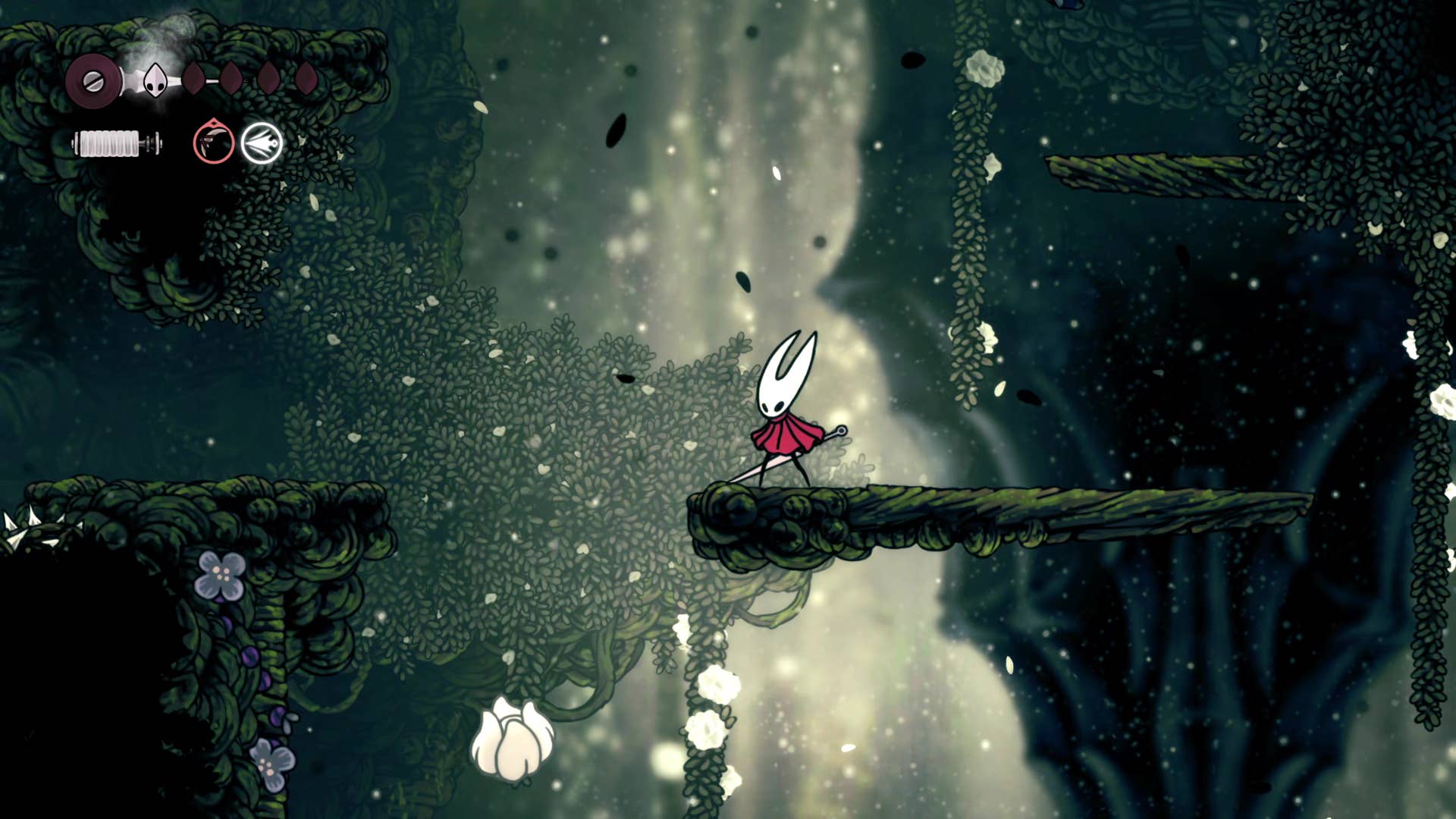 Screenshot of Hollow Knight: Silkson showing a pass through Shellwood.