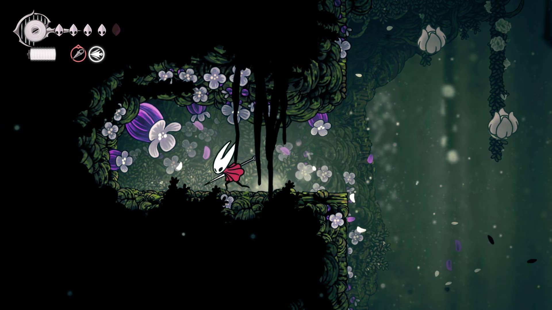 Screenshot of Hollow Knight: Silkson showing a pass through Shellwood.