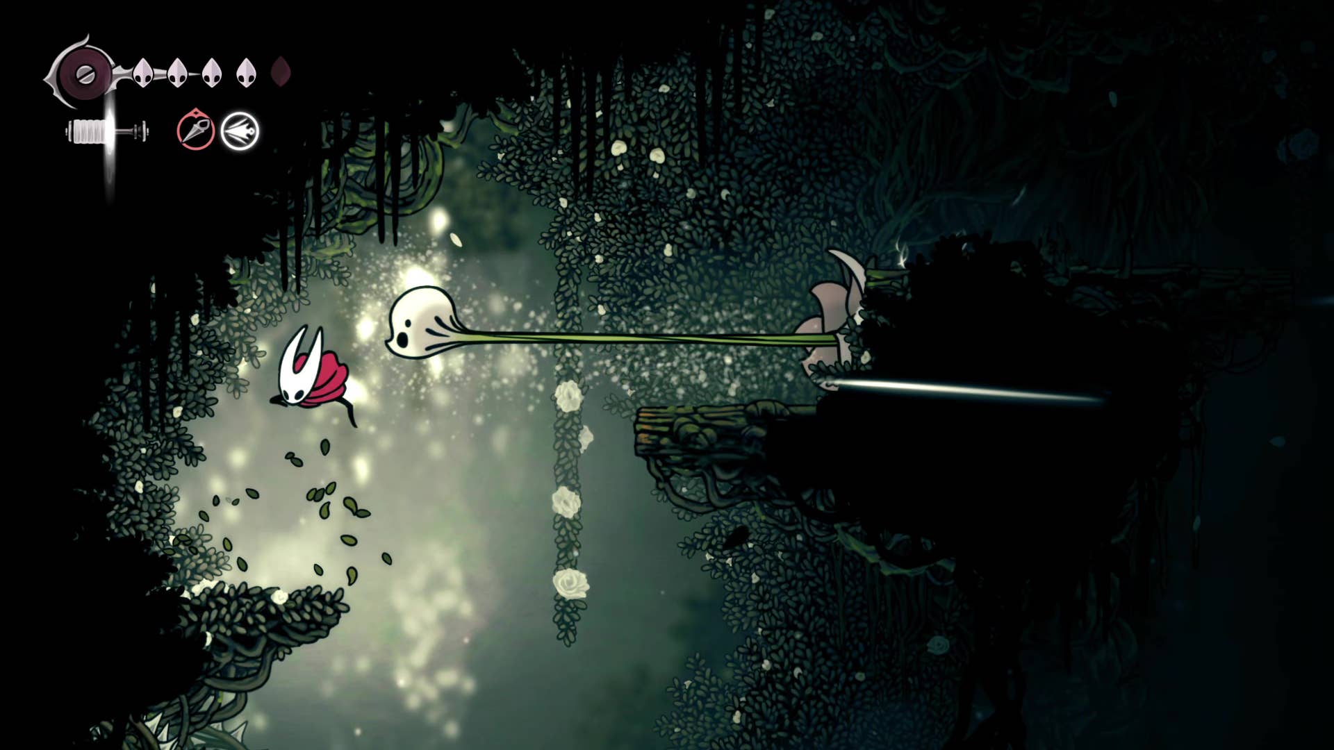 Screenshot of Hollow Knight: Silkson showing a pass through Shellwood.