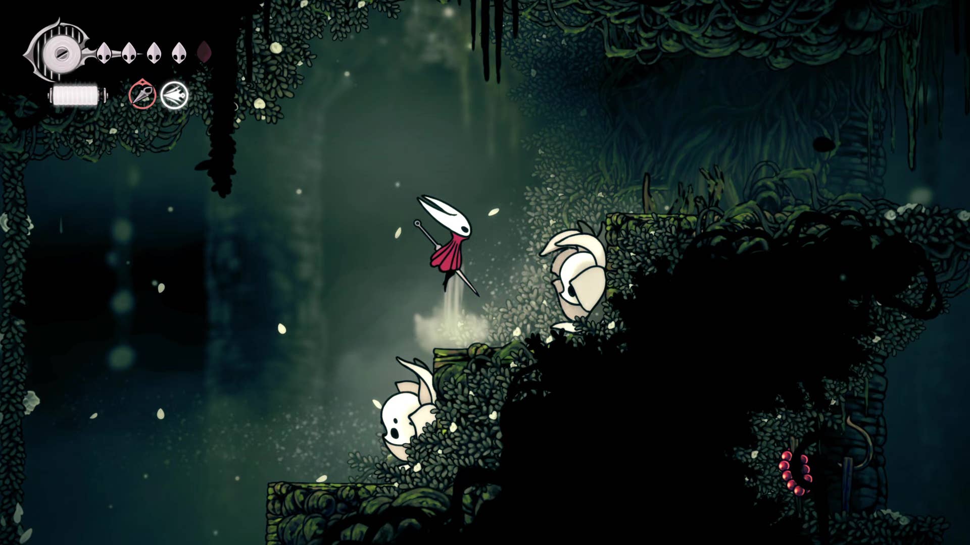 Screenshot of Hollow Knight: Silkson showing a pass through Shellwood.