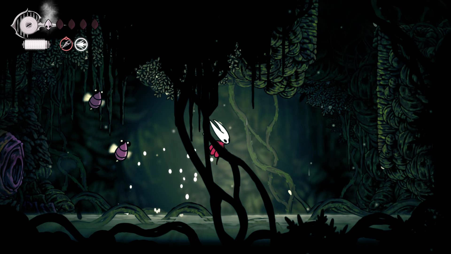 Screenshot of Hollow Knight: Silkson showing a pass through Shellwood.