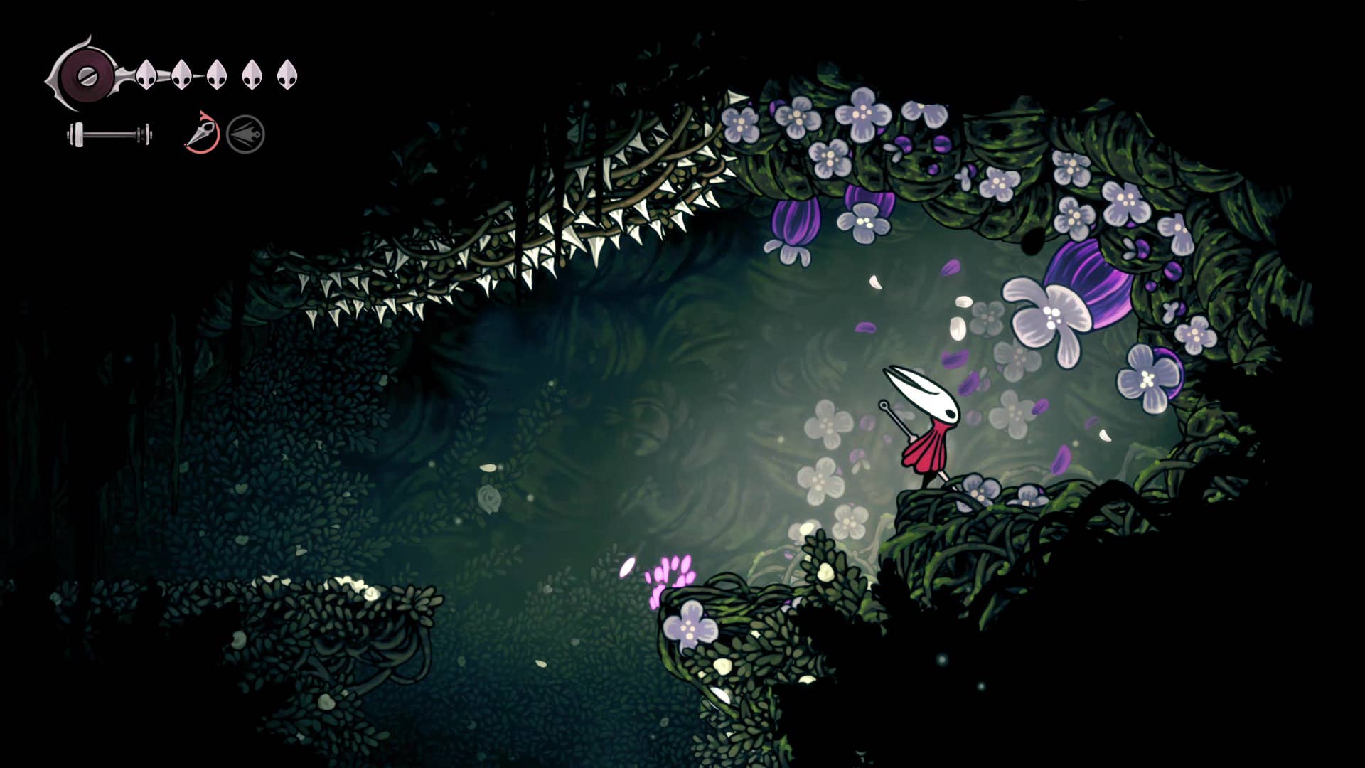 Screenshot of Hollow Knight: Silkson showing a pass through Shellwood.